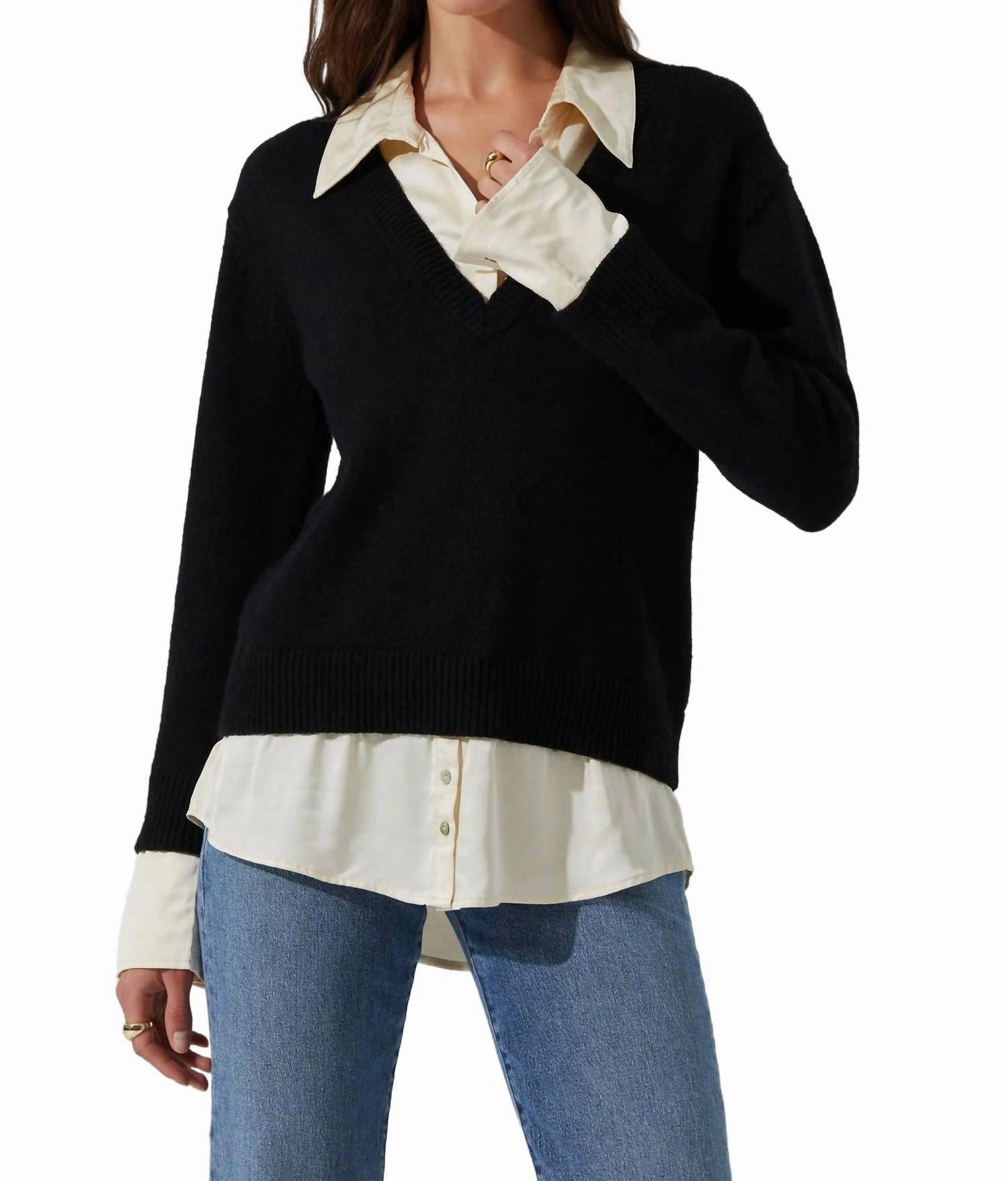 Easy Care Fabric Knitwear Look Jianna Mixed Media Layered Sweater In Black