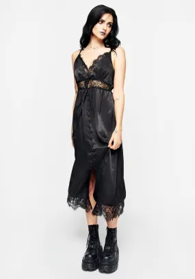 Magnetic-Closure Ruffle Detail Conjure Satin Lace Trim Cami Midi Dress