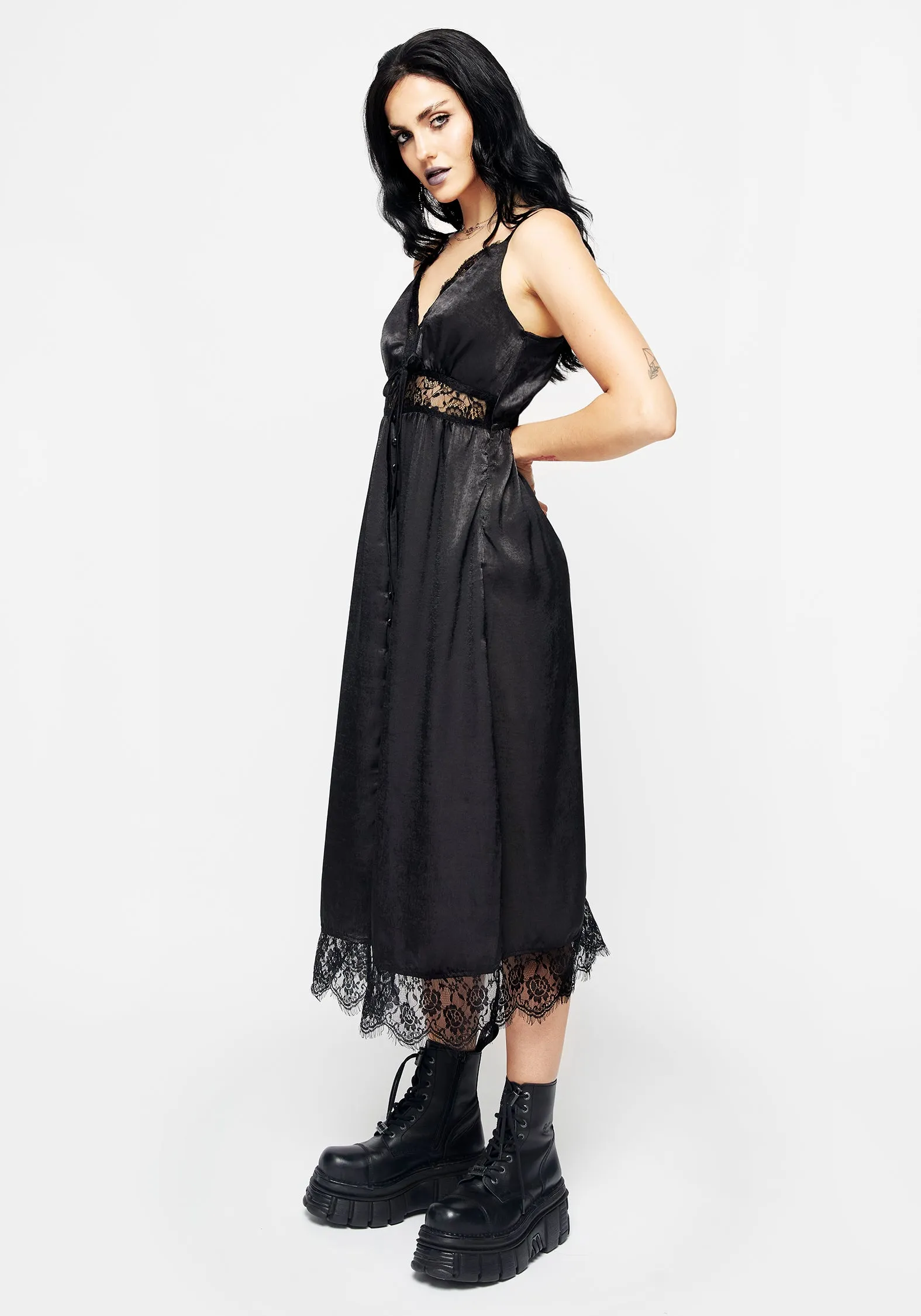 Conjure Satin Lace Trim Cami Midi Dress Easy Texture