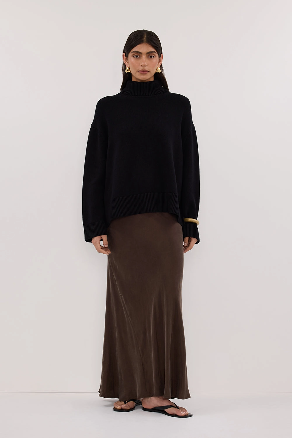 CONNIE BITTER CHOC CUPRO MAXI SKIRT Smart Texture