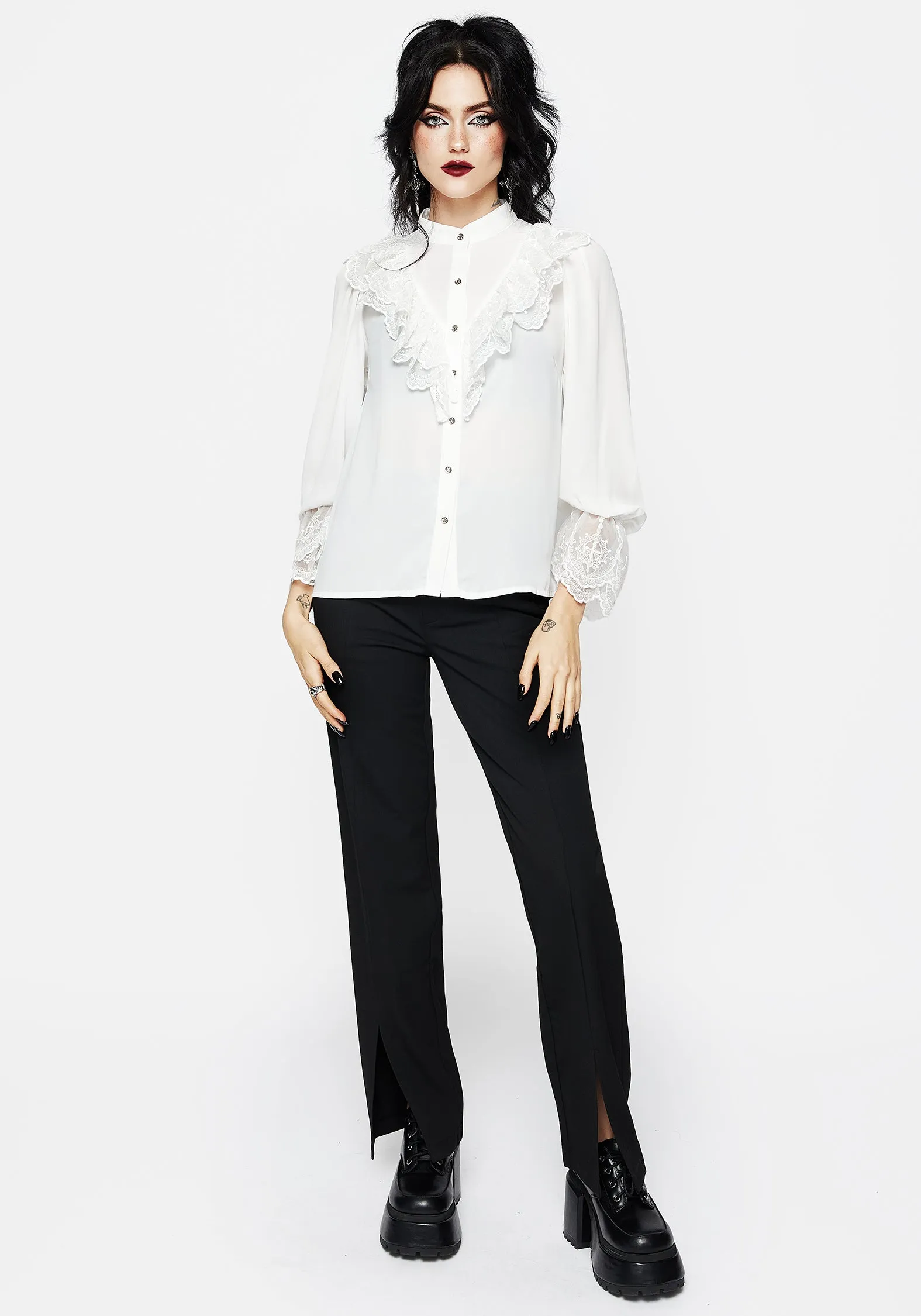 Social media Sleepwear Constance Lace Frill Button Up Blouse Top