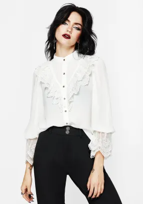 Constance Lace Frill Button Up Blouse Top Vegan
