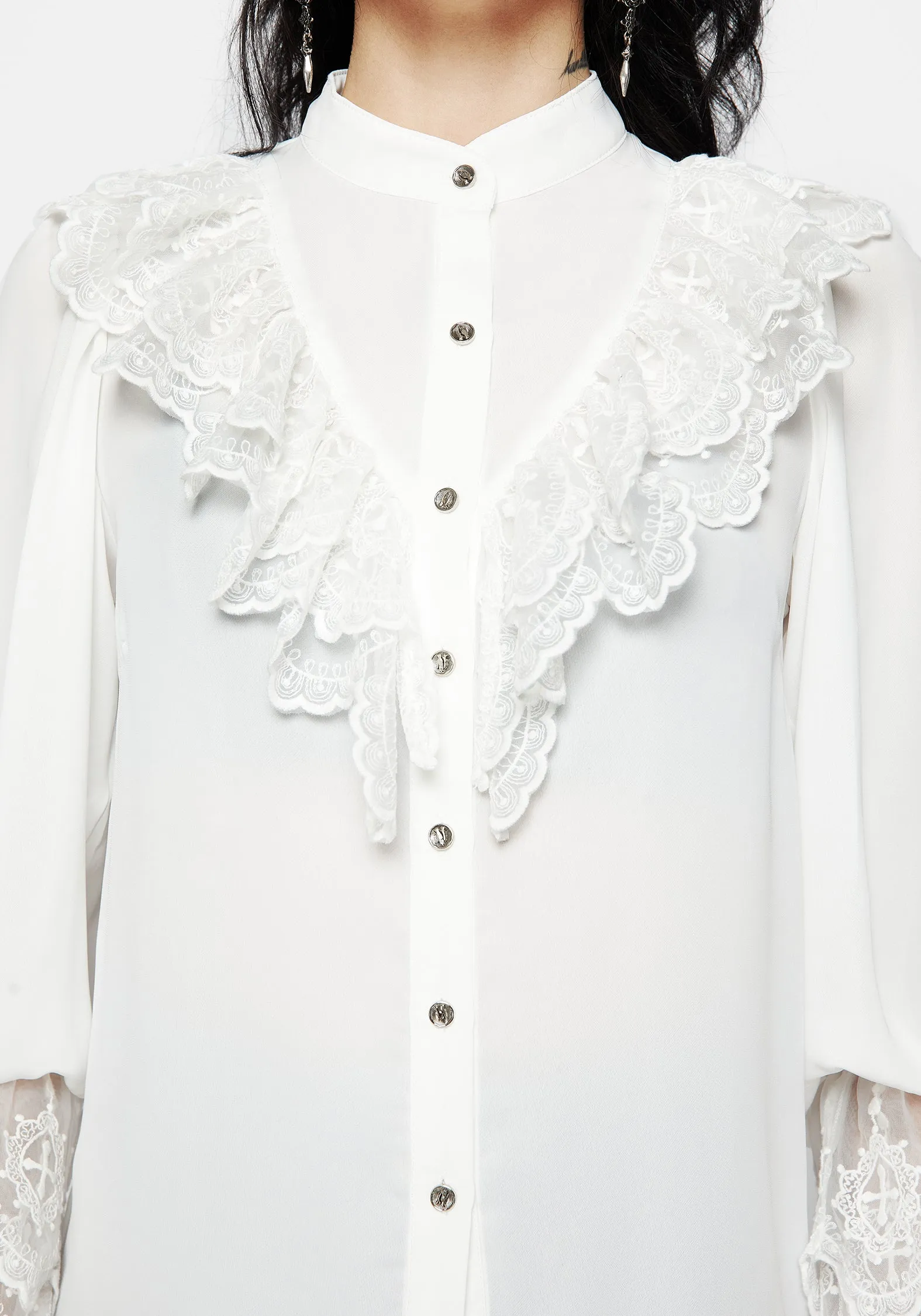 studded Hipster Constance Lace Frill Button Up Blouse Top