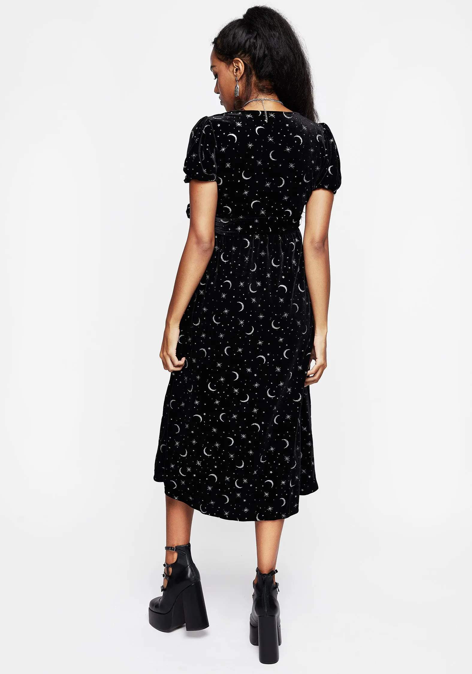Frayed-Edge Constellation Glitter Print Velour Midi Wrap Dress