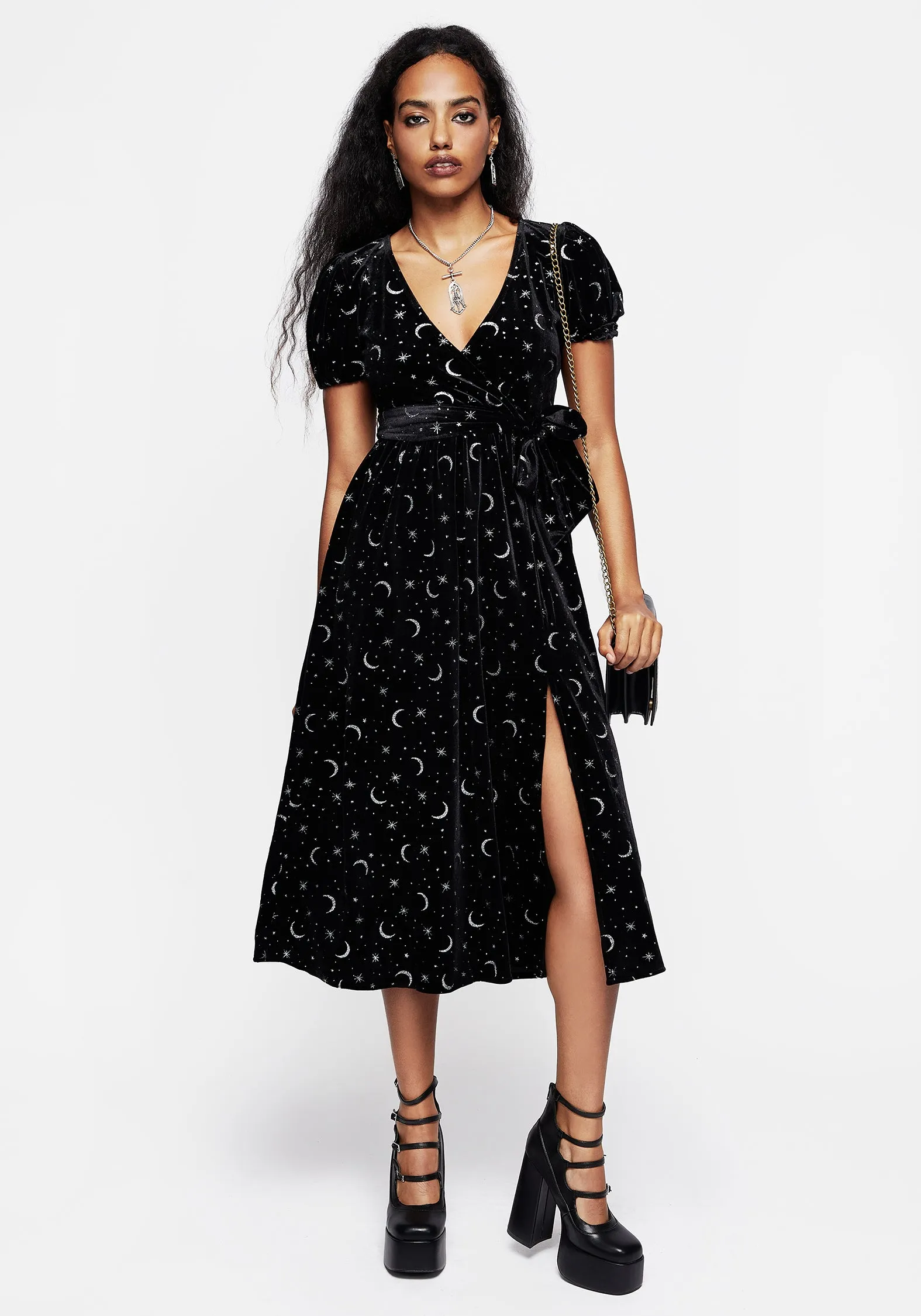 Constellation Glitter Print Velour Midi Wrap Dress Sweet Mood Daywear Comfort