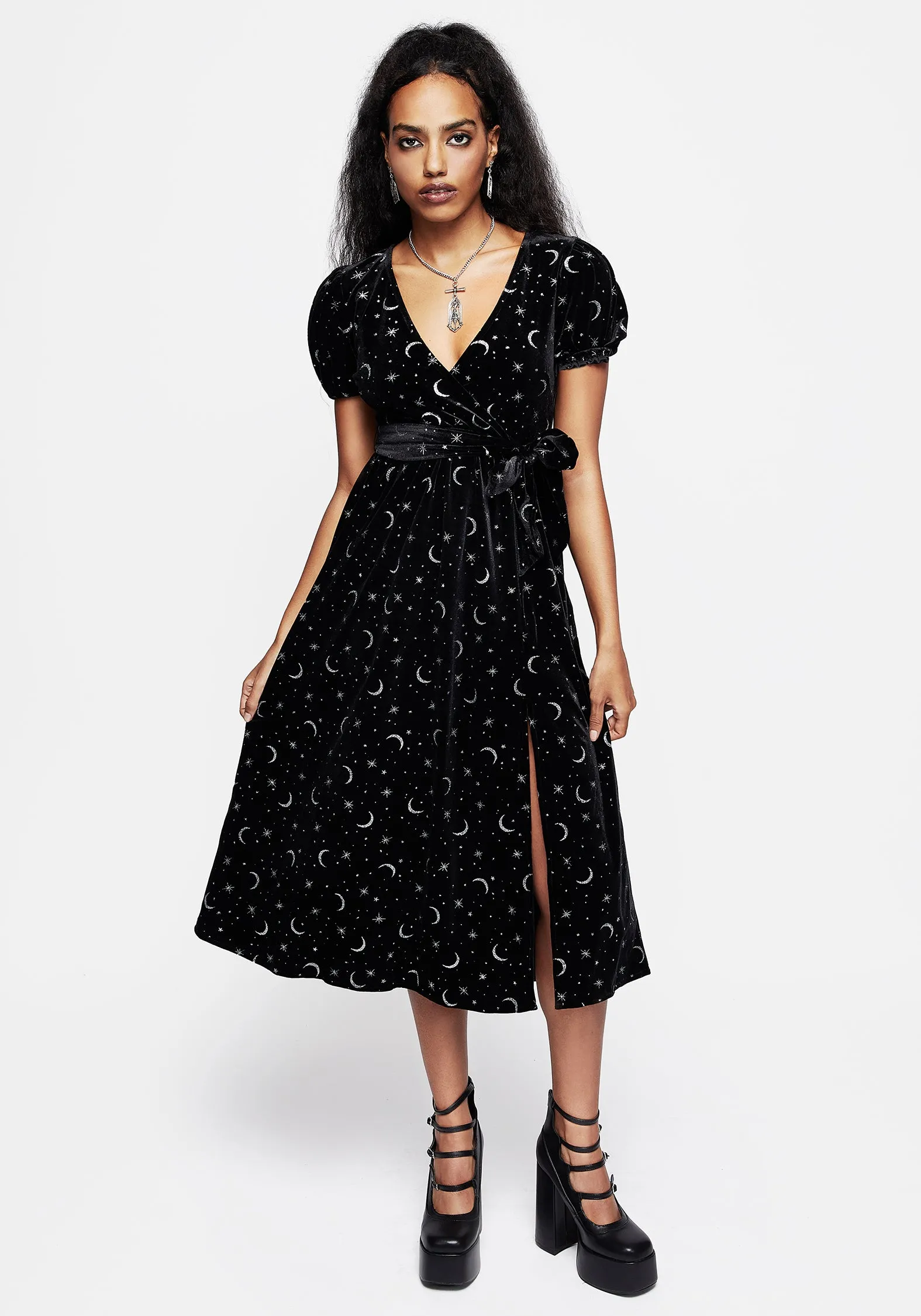 Constellation Glitter Print Velour Midi Wrap Dress Villa Mood All Daywear