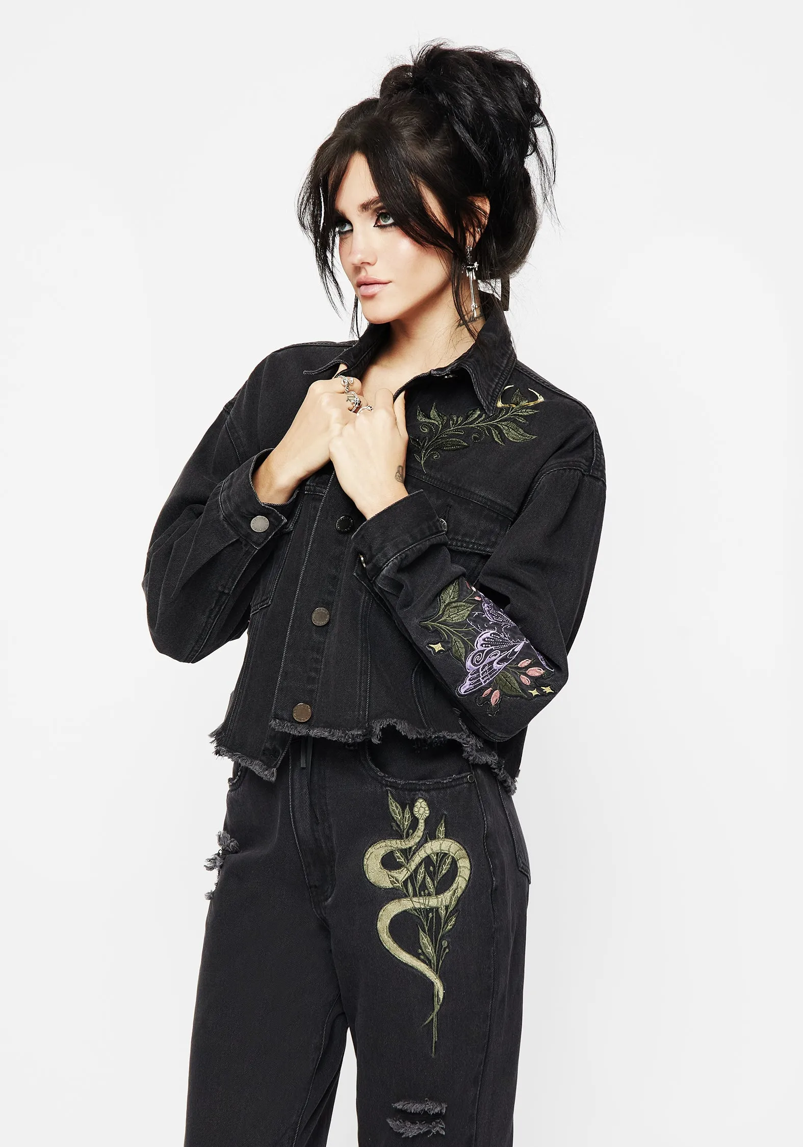 Weather Adaptive Ventilation Adjustable Detachable Hood Nirah Embroidered Crop Denim Jacket