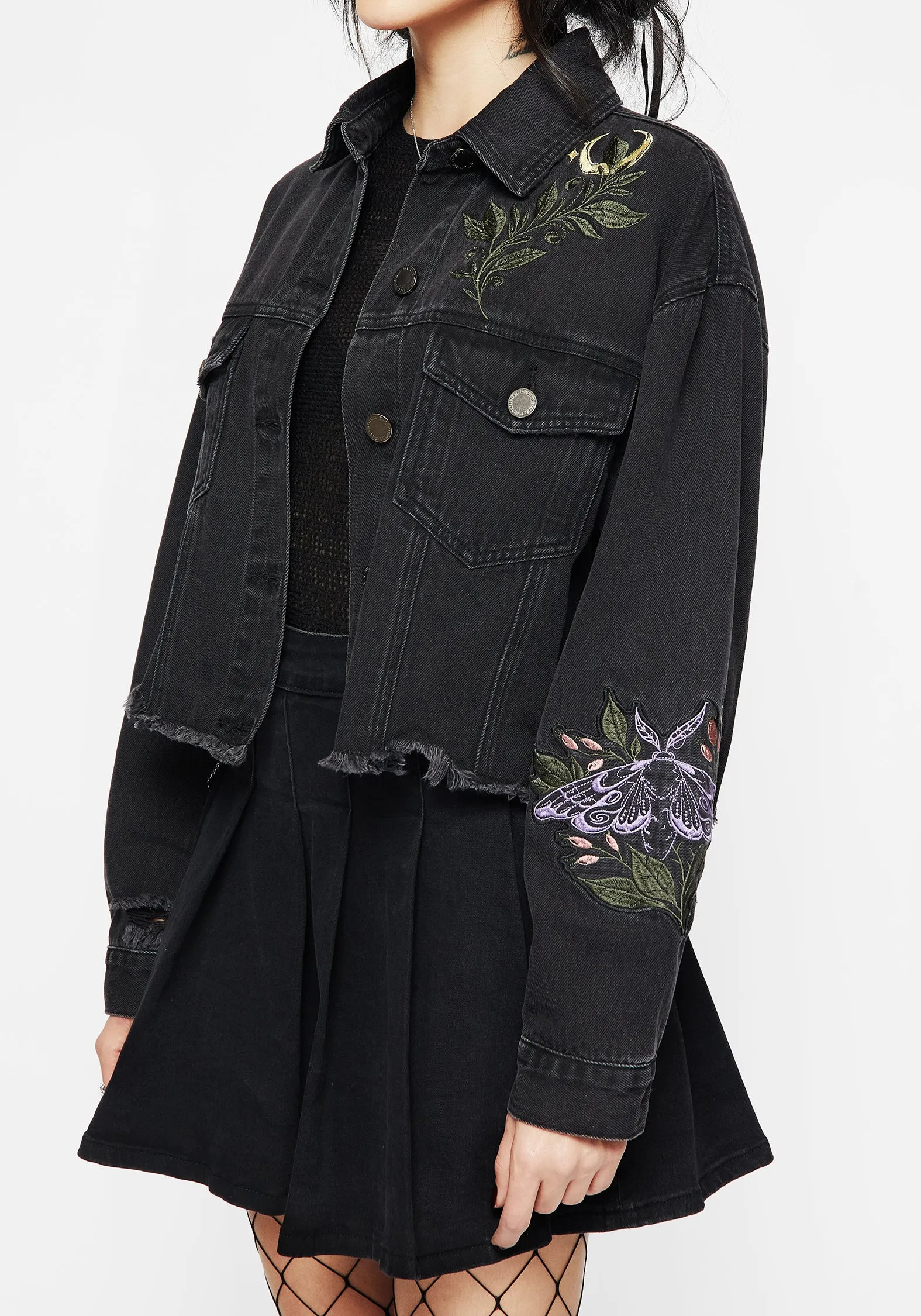Nirah Embroidered Crop Denim Jacket Quick Access Hidden Pockets