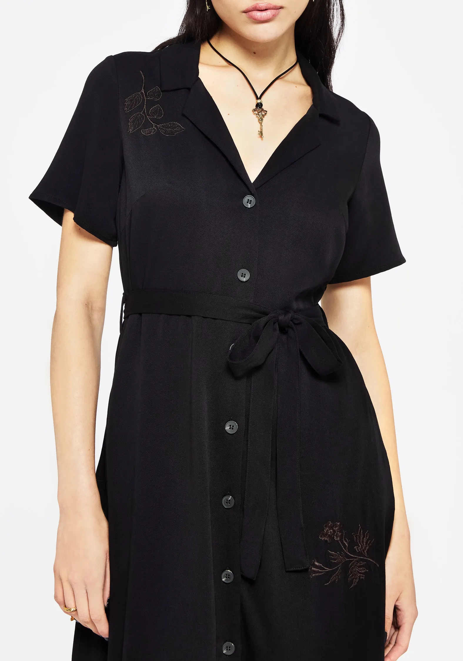 Relaxed-fit Fairfolk Floral Embroidery Tie Waist Button Down Midi Shirt Dress