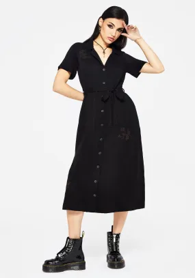 Trendy Look Fairfolk Floral Embroidery Tie Waist Button Down Midi Shirt Dress