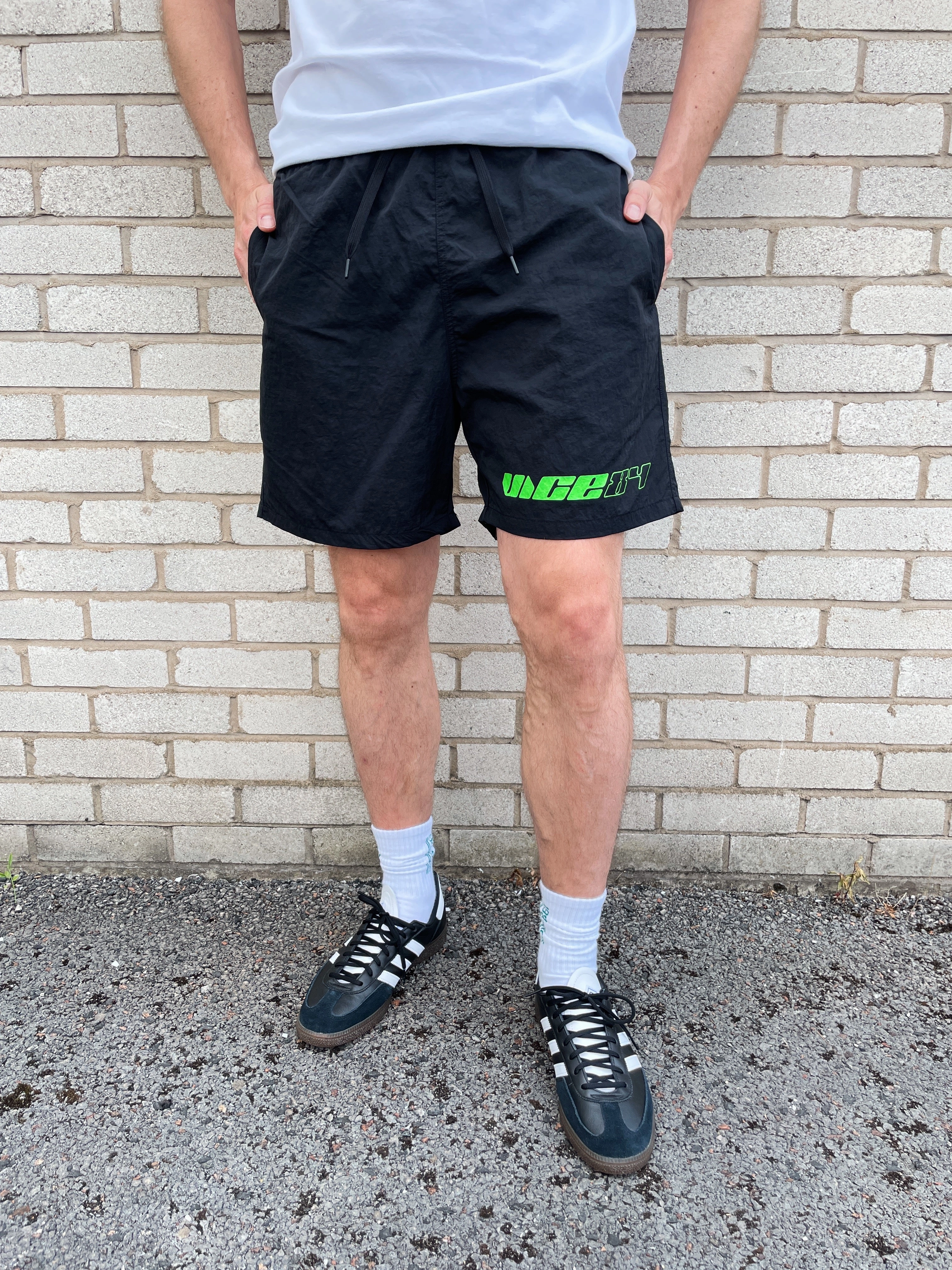 Vice 84 'Racer' Crinkle Recycled Swim Shorts - Black Ventilated Mesh Panels