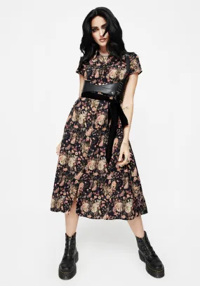 Flexible Fabric Pixie Floral Print Midi Shirt Dress