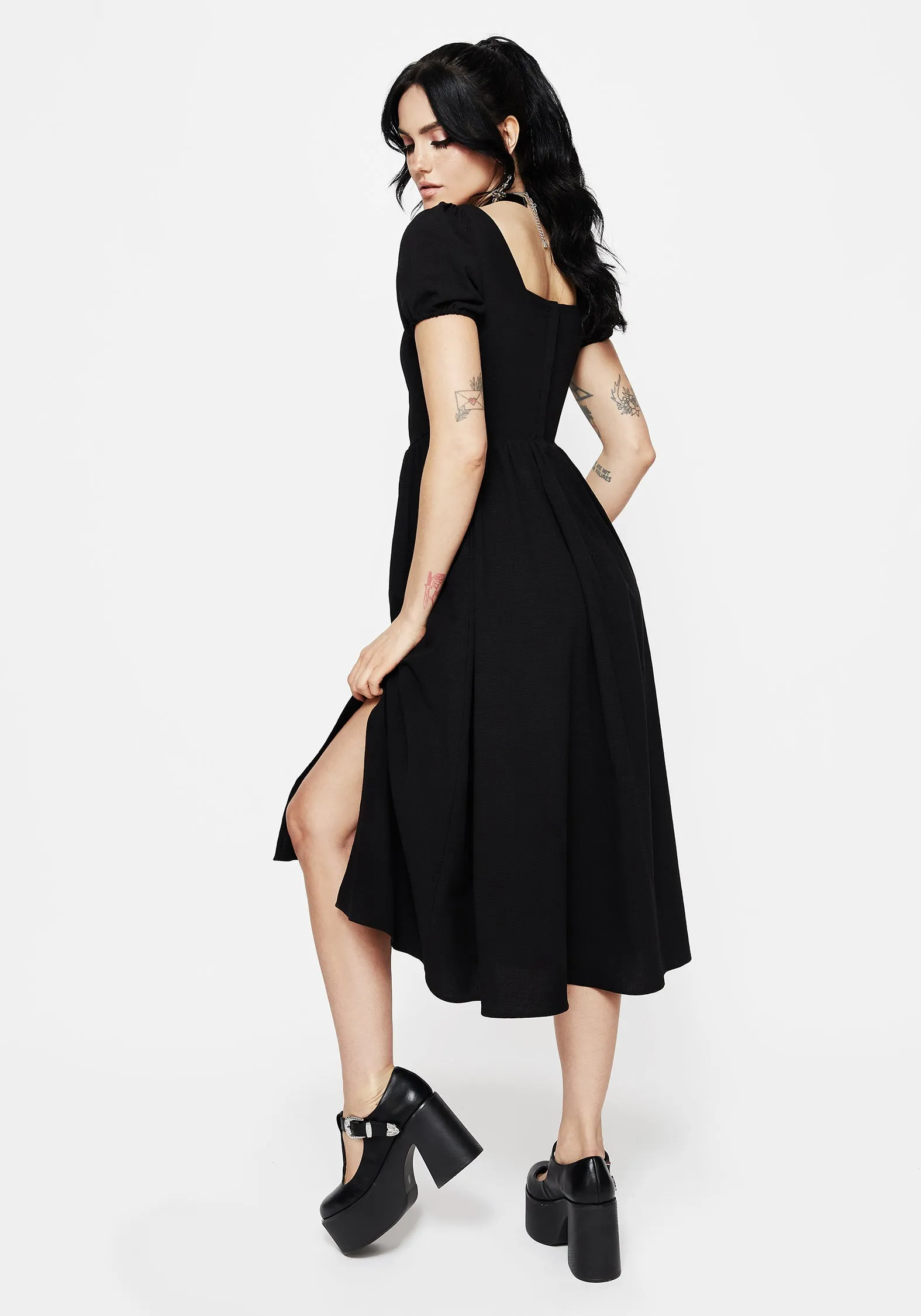 Copia Moth Embroidered Cotton Puff Sleeve Split Skirt Midi Dress Romantic dinner wear Smart Layering