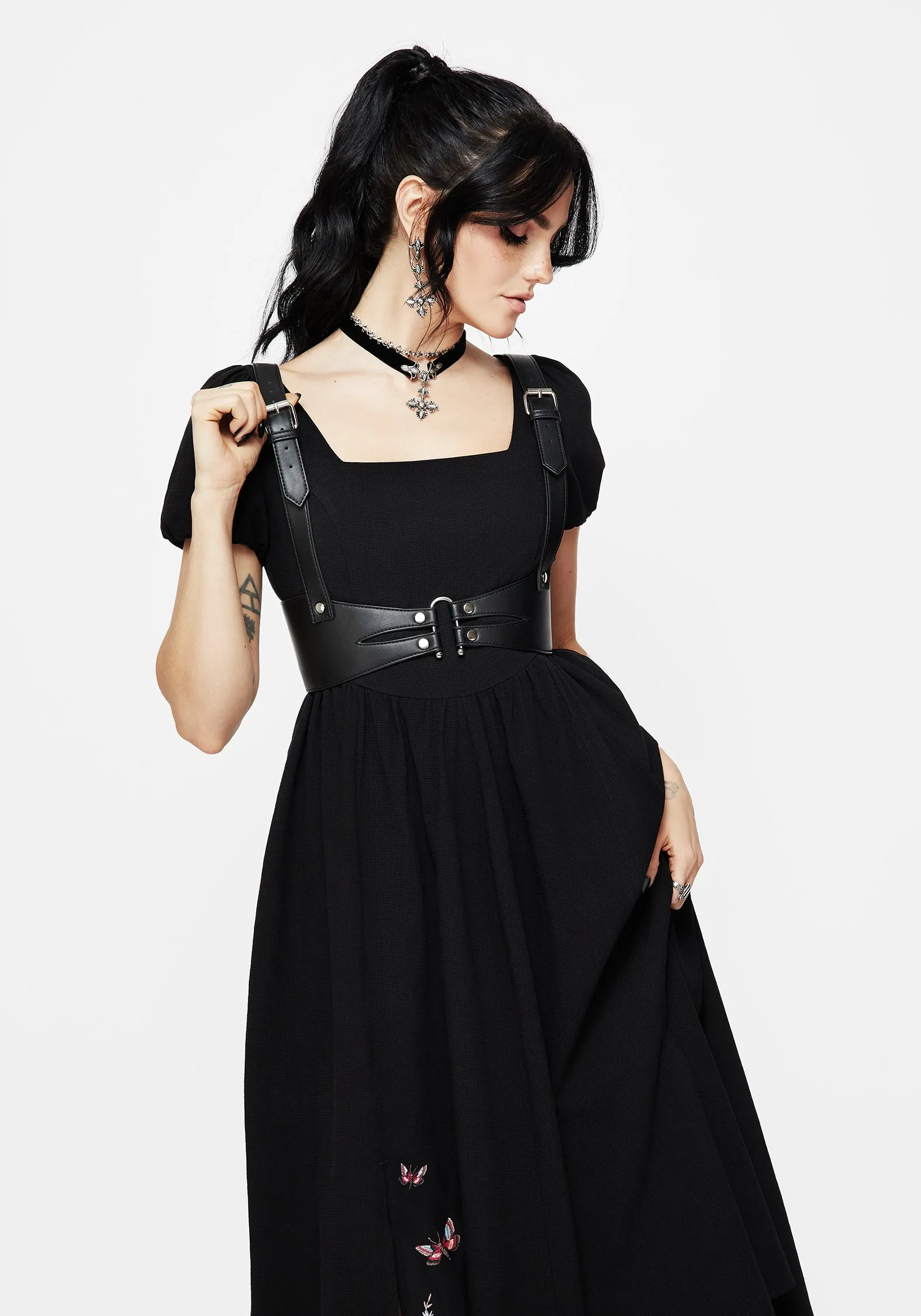 Copia Moth Embroidered Cotton Puff Sleeve Split Skirt Midi Dress Sweetheart Cut