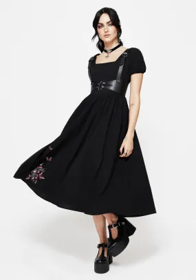 Flowing Design Copia Moth Embroidered Cotton Puff Sleeve Split Skirt Midi Dress