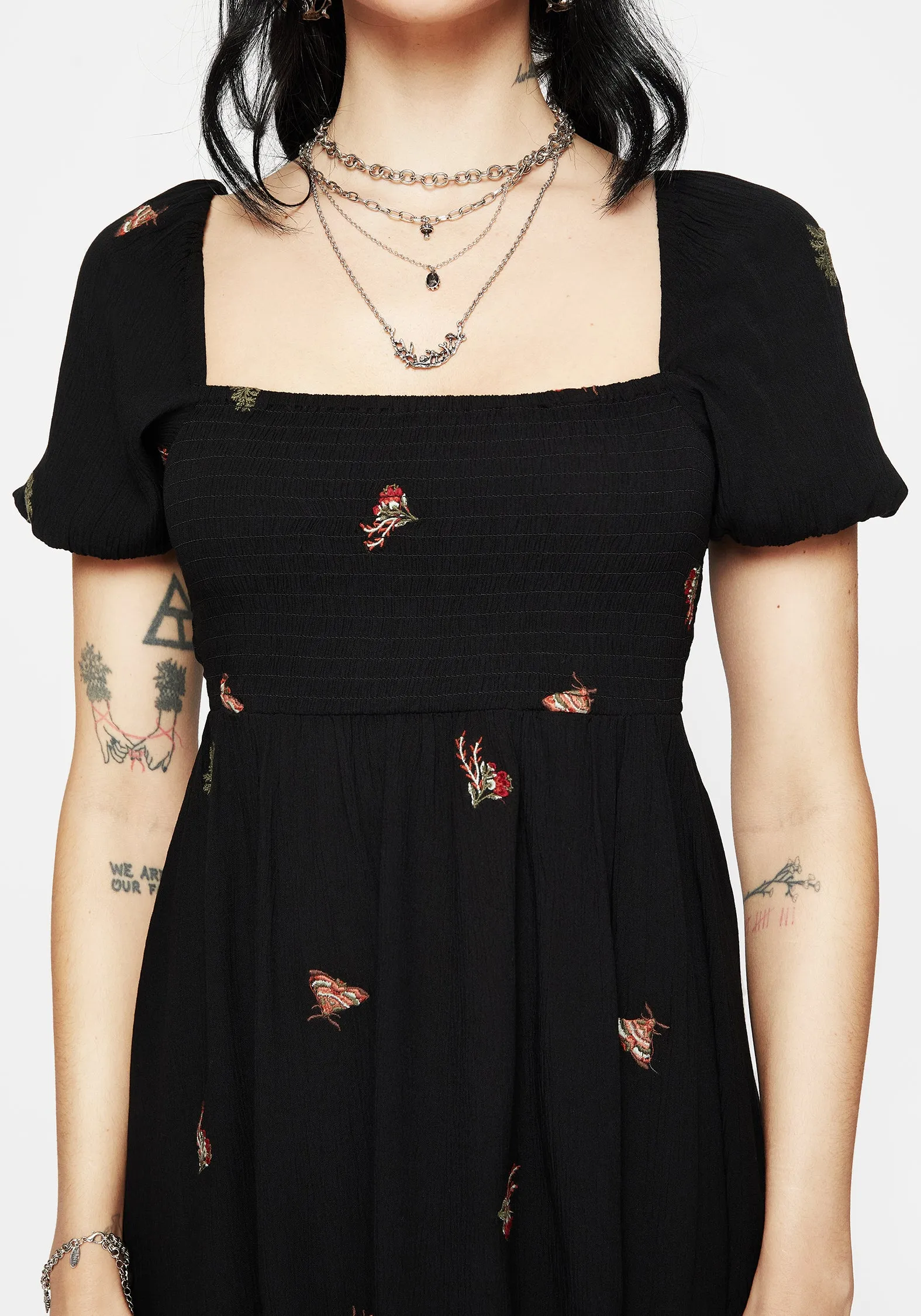 Sun-Protective Copia Moth Embroidered Puff Sleeve Mini Dress