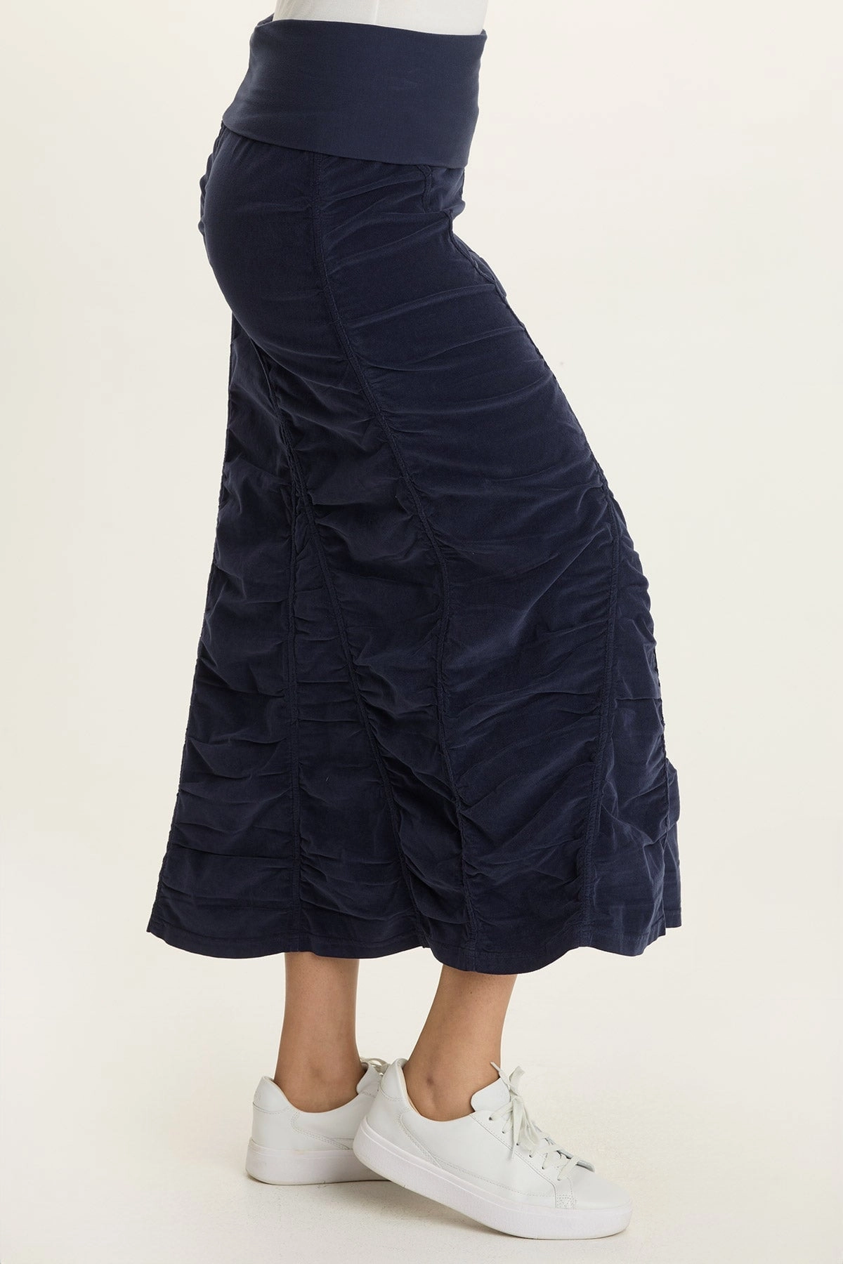 Cord Shirred Peasant Skirt Patchwork Design Street Look