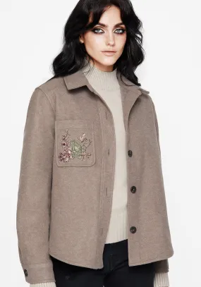 Cordelia Floral Frog Embroidered Pocket Front Shacket Sustainable Packaging