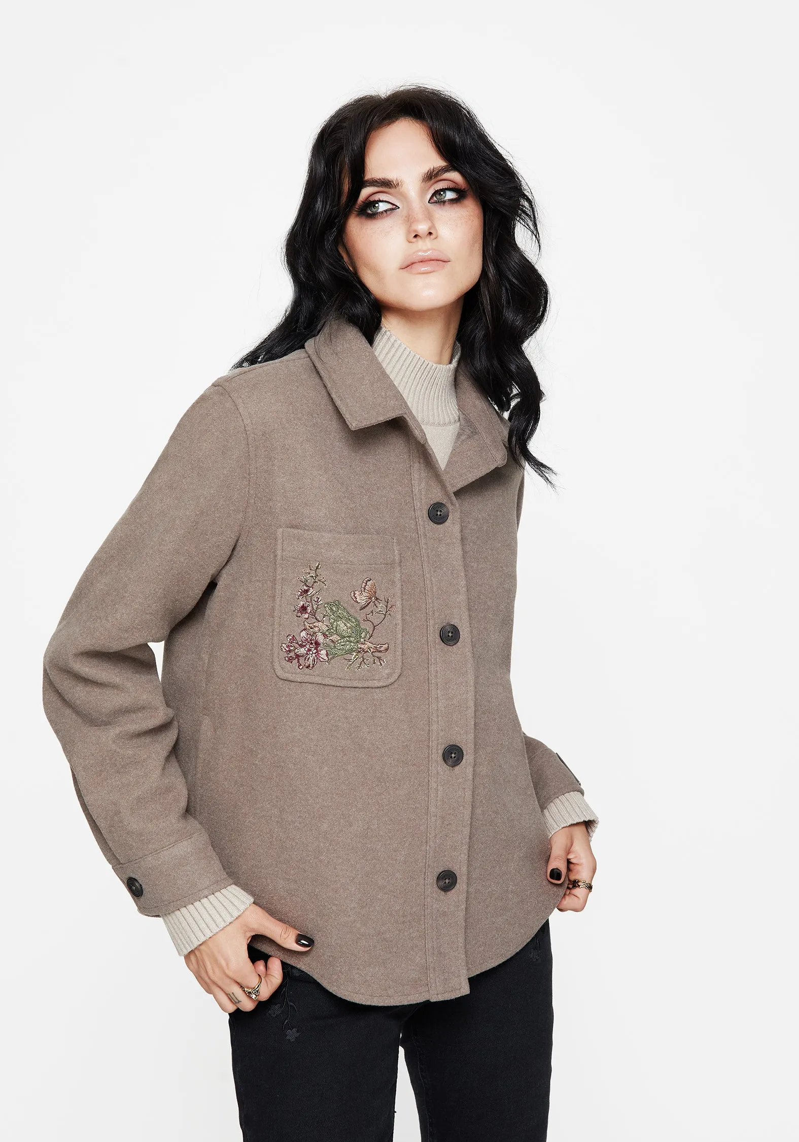 Cordelia Floral Frog Embroidered Pocket Front Shacket AbrasionResistantEdging Lightweight Design