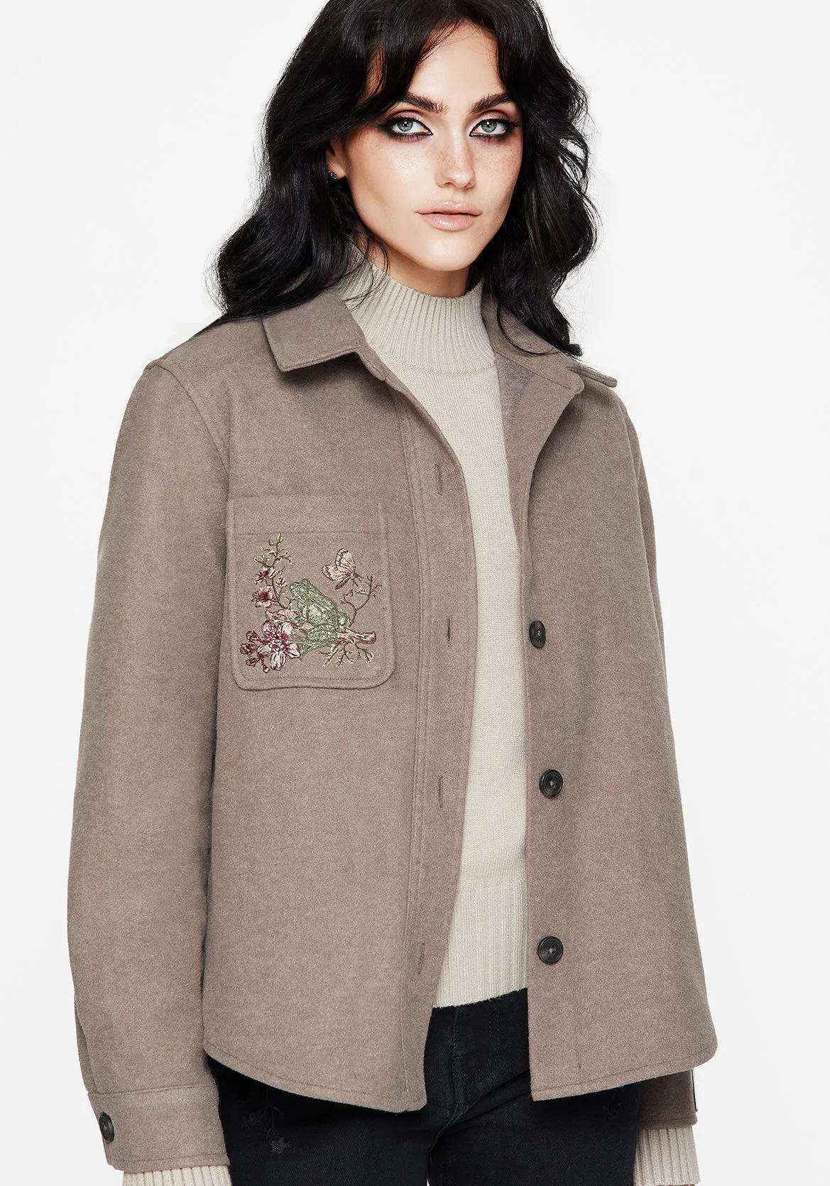 Cordelia Floral Frog Embroidered Pocket Front Shacket Sustainable Packaging