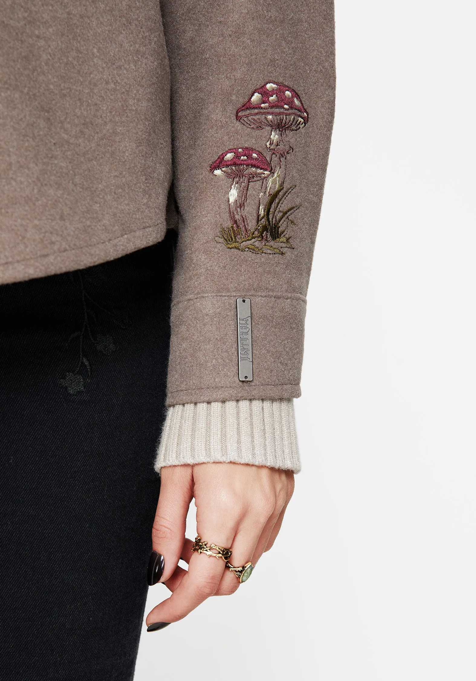Adjustable Hem Cords Cordelia Floral Frog Embroidered Pocket Front Shacket