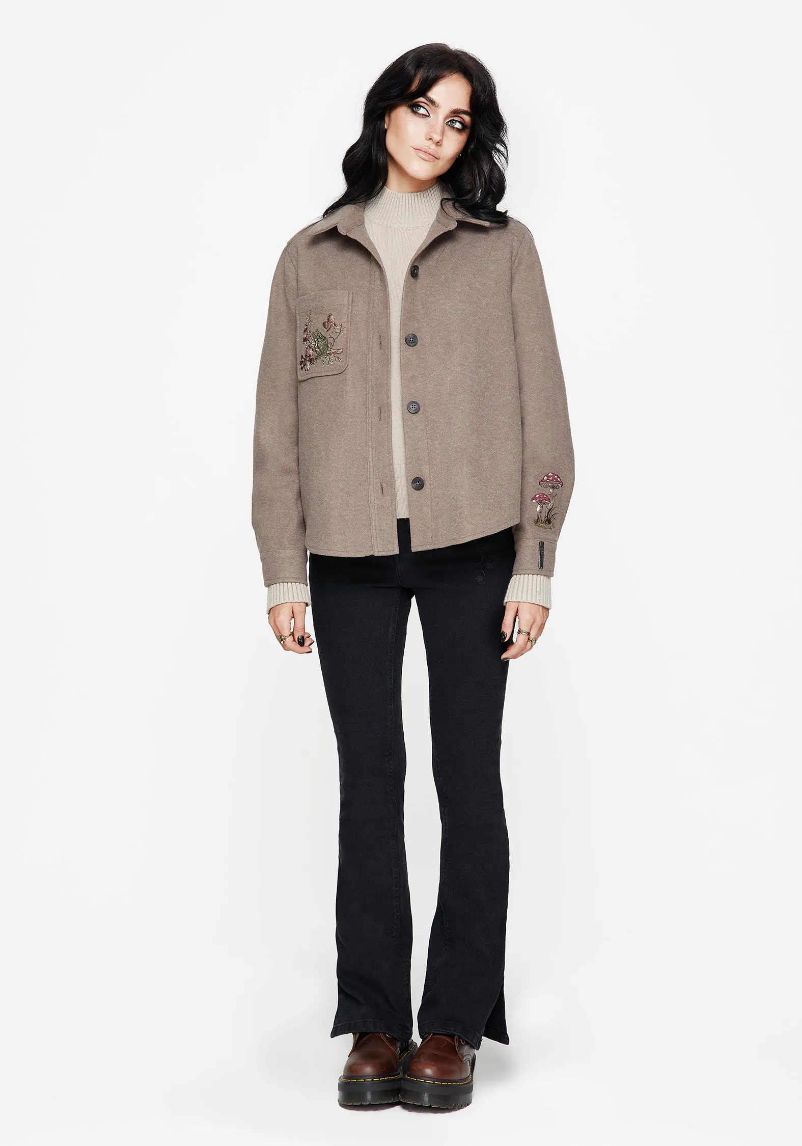 Cordelia Floral Frog Embroidered Pocket Front Shacket City Style