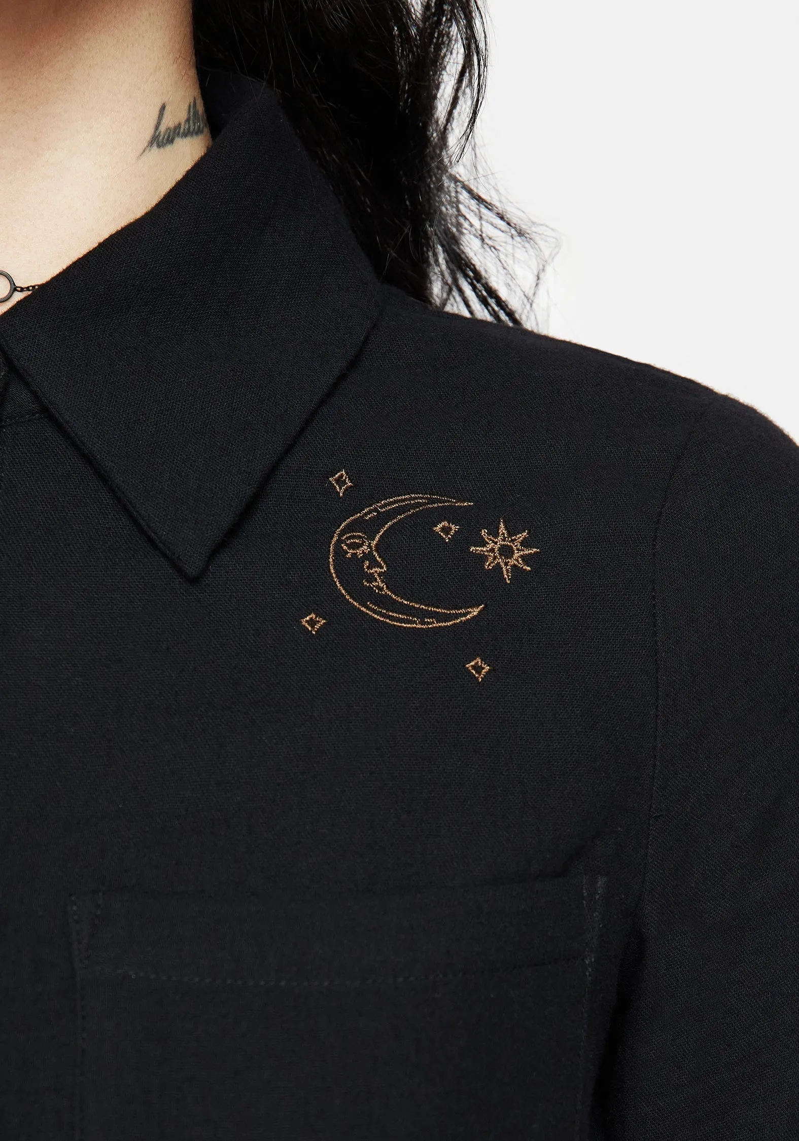 Cosmos Embroidered Button Up Crop Shirt Daily Wear