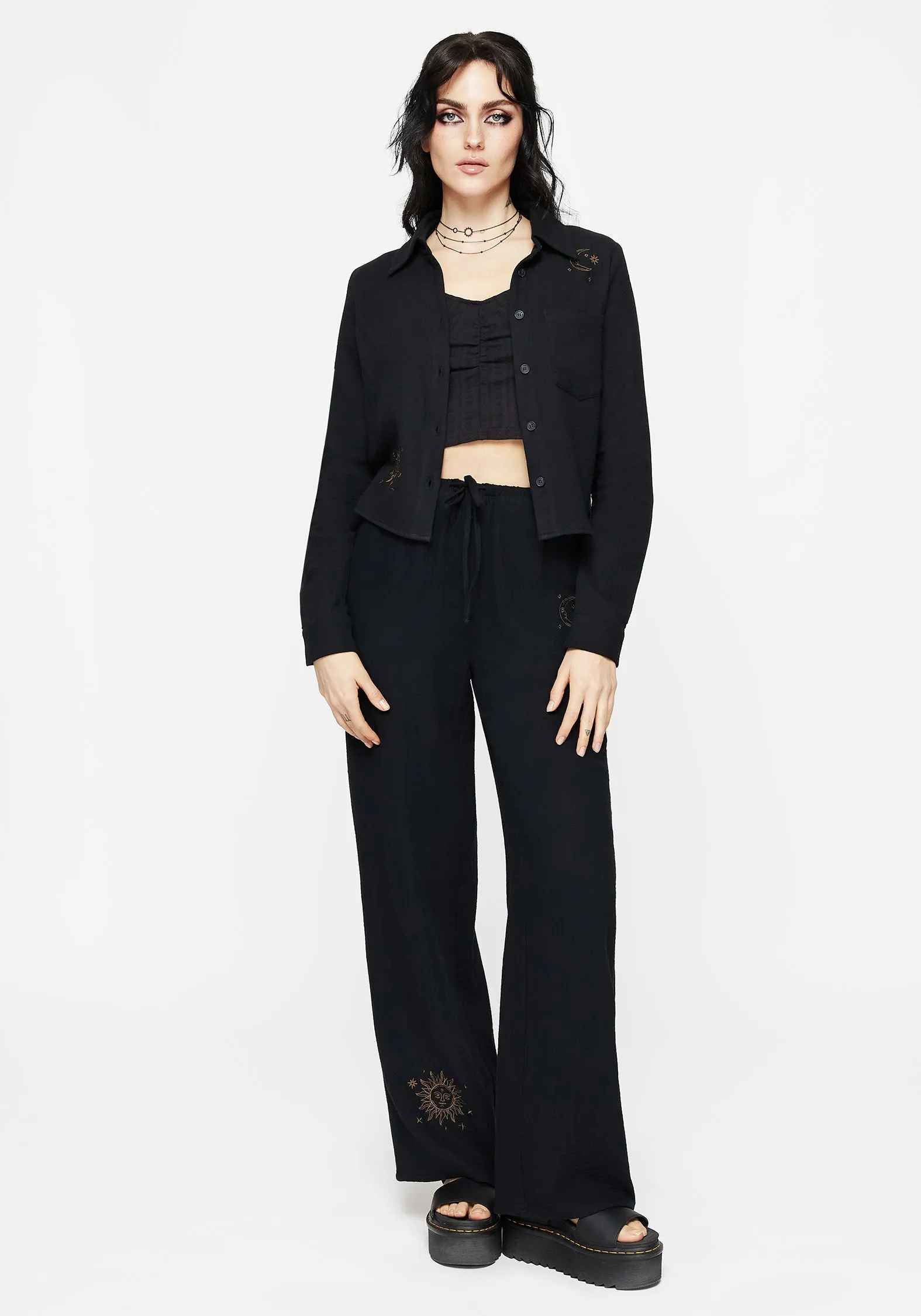 Wool Beach Wear Cosmos Embroidered Button Up Crop Shirt