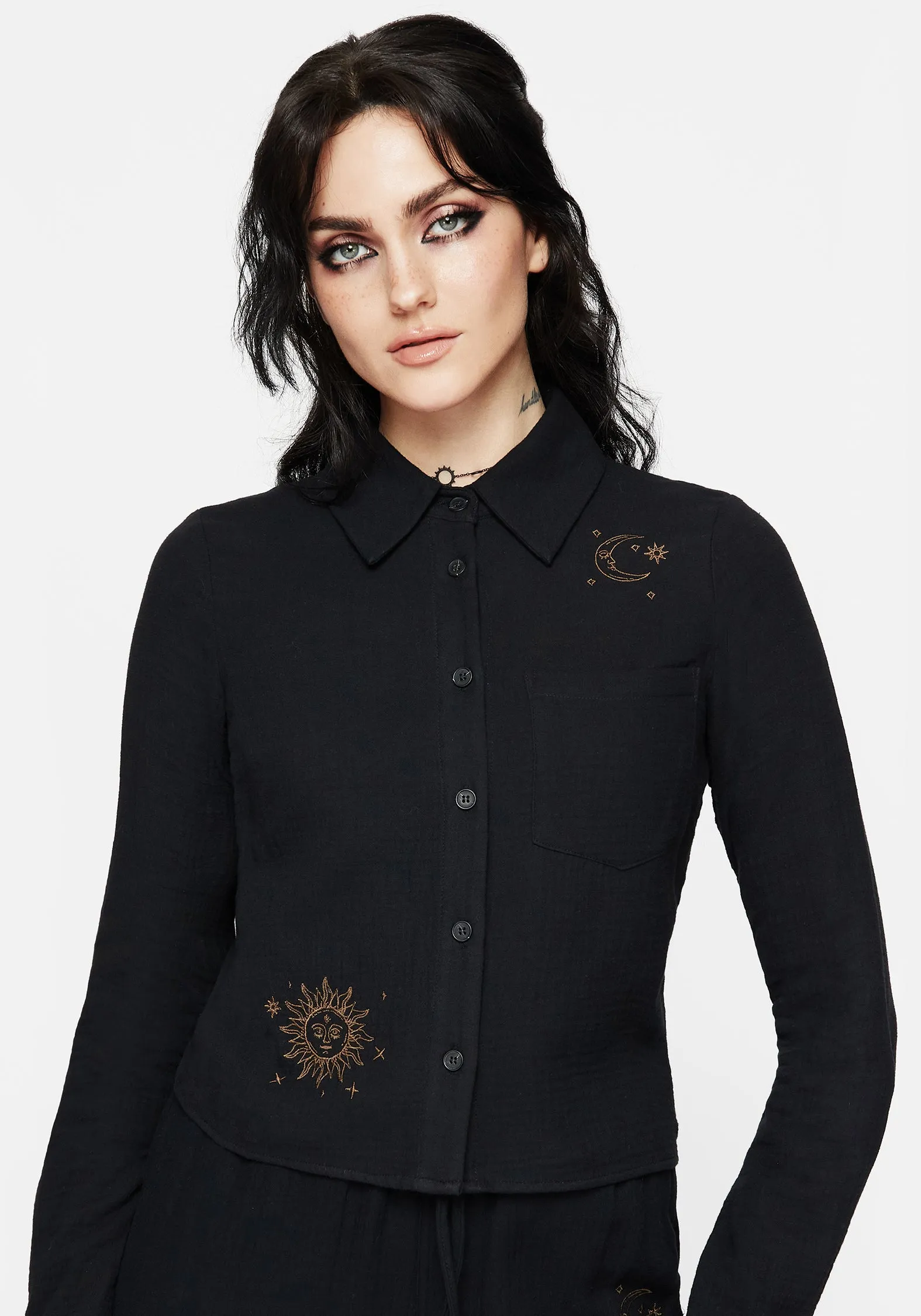 Striped Cosmos Embroidered Button Up Crop Shirt