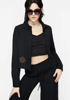 Sandals Rough texture Cosmos Embroidered Button Up Crop Shirt