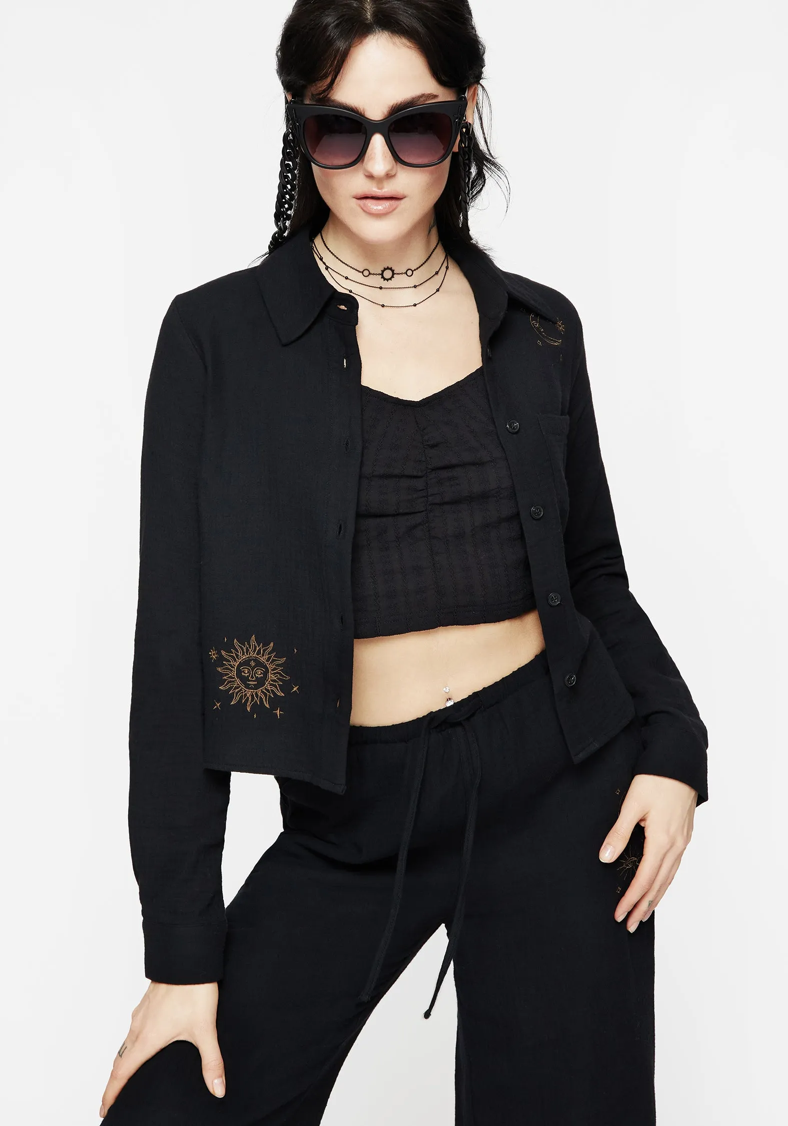 Sandals Rough texture Cosmos Embroidered Button Up Crop Shirt