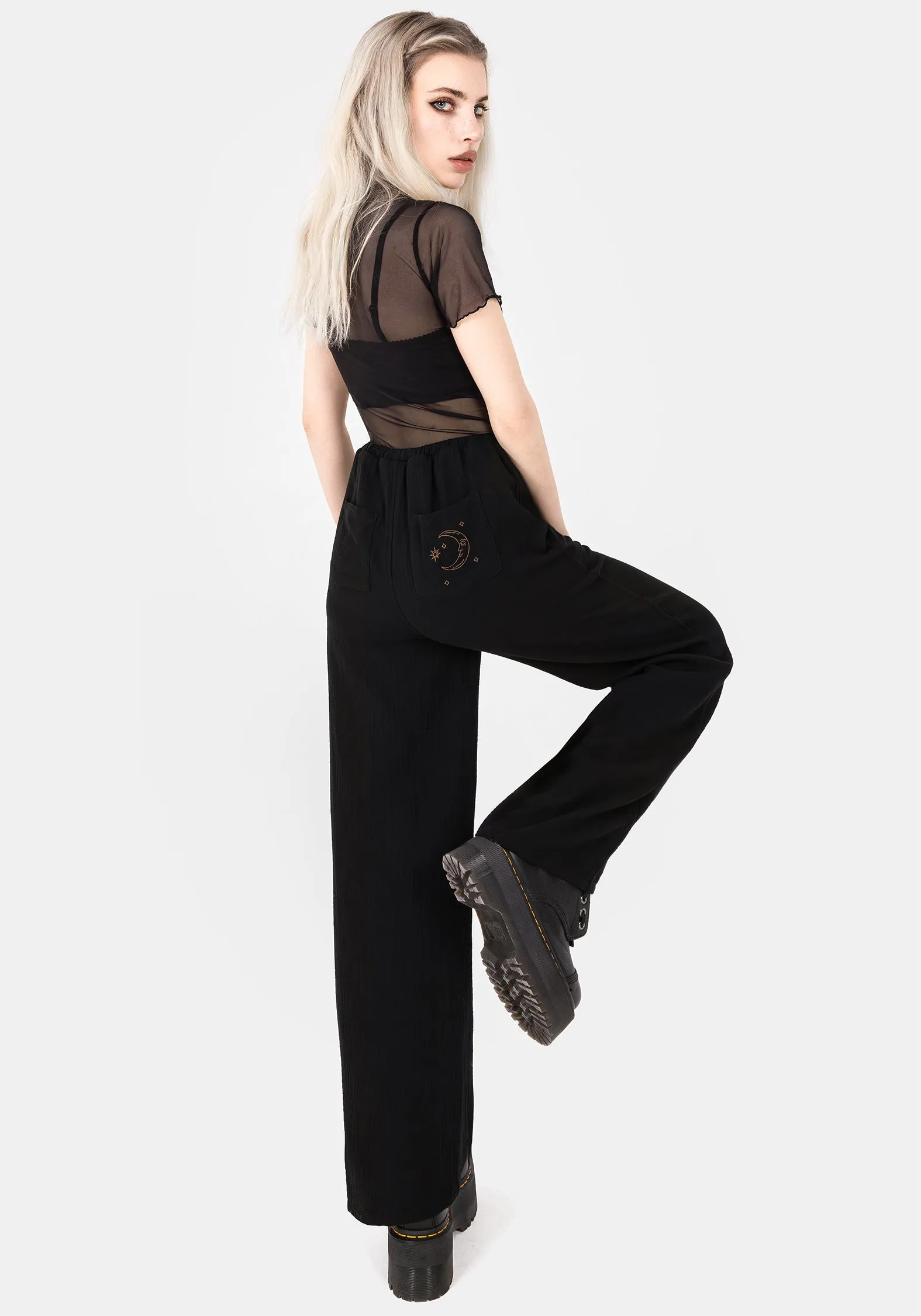Cosmos Embroidered Wide Leg Trousers Anti Snag Fabric Cozy Feel