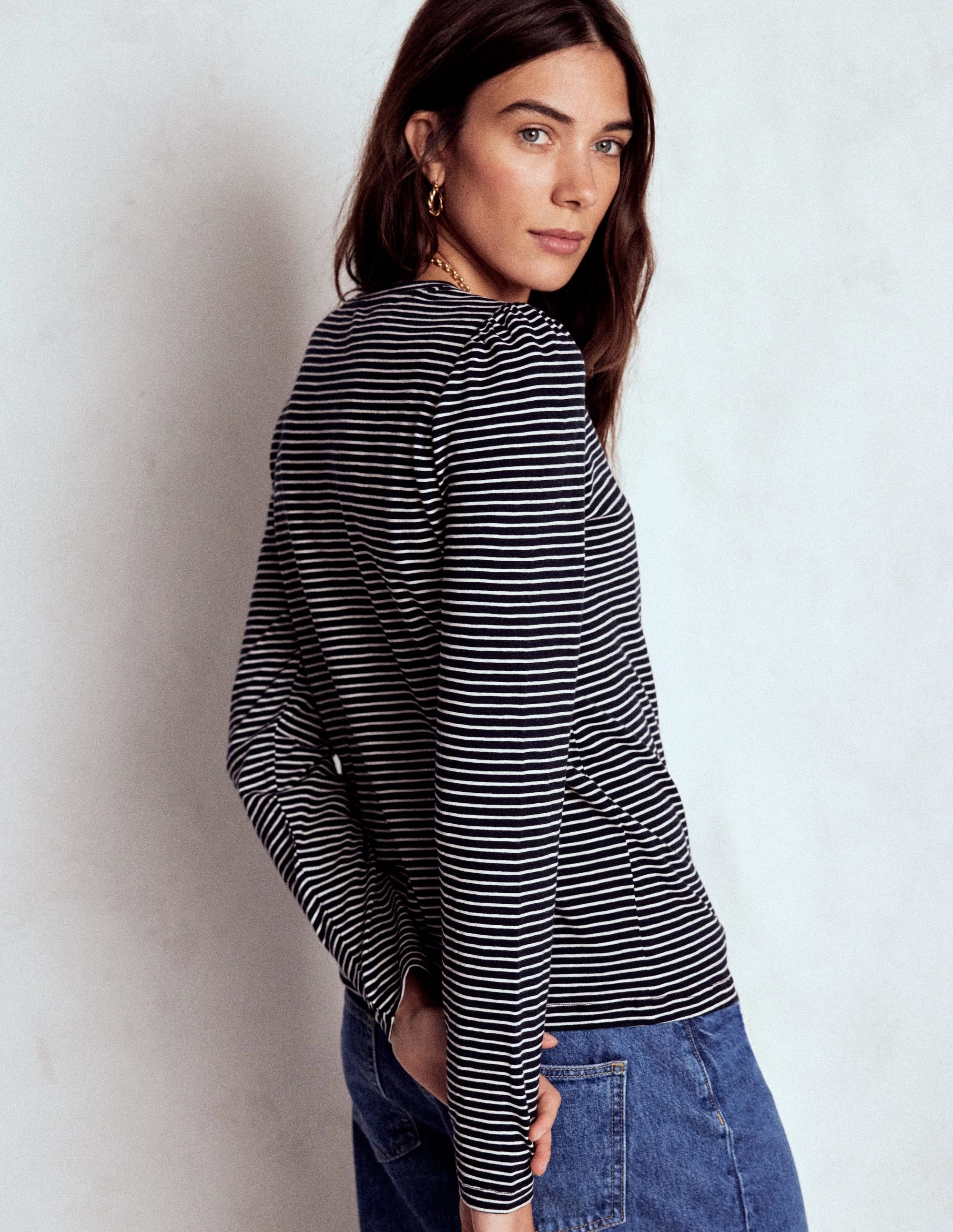 Trendy Shirt Fashion Statement Cotton Crew Long Sleeve Top-Navy, Ivory Stripe DoubleLayered Hem