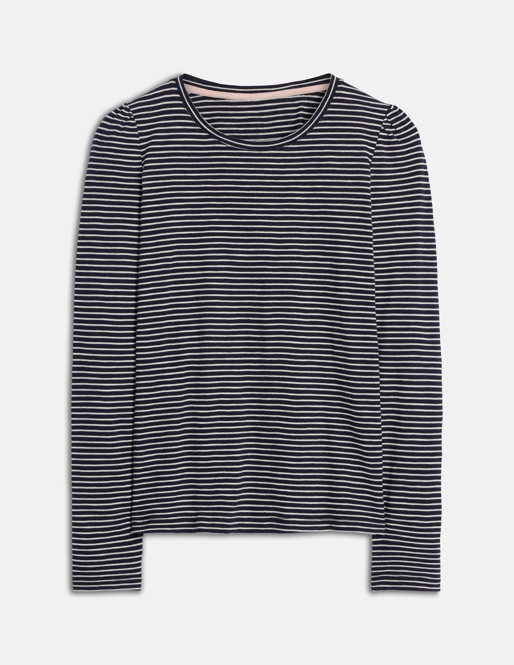 LaserCutVents Microfiber texture Cotton Crew Long Sleeve Top-Navy, Ivory Stripe DoubleLayered Hem