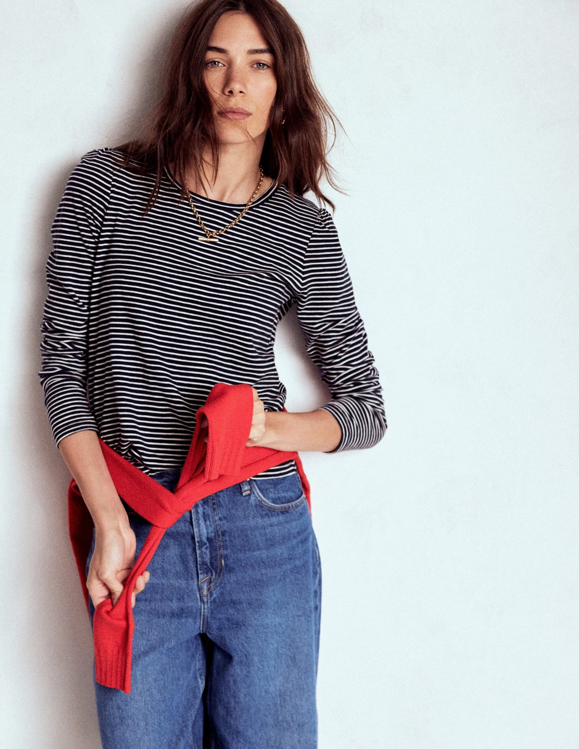 Breathable Tank Activewear Top Cotton Crew Long Sleeve Top-Navy, Ivory Stripe DoubleLayered Hem