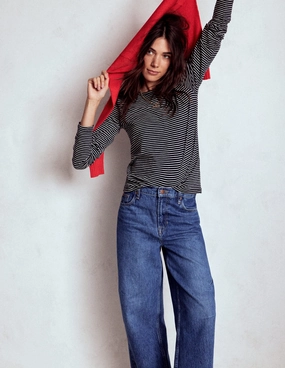 Cotton Crew Long Sleeve Top-Navy, Ivory Stripe DoubleLayered Hem Flexible Ribbing ThermalRegulation