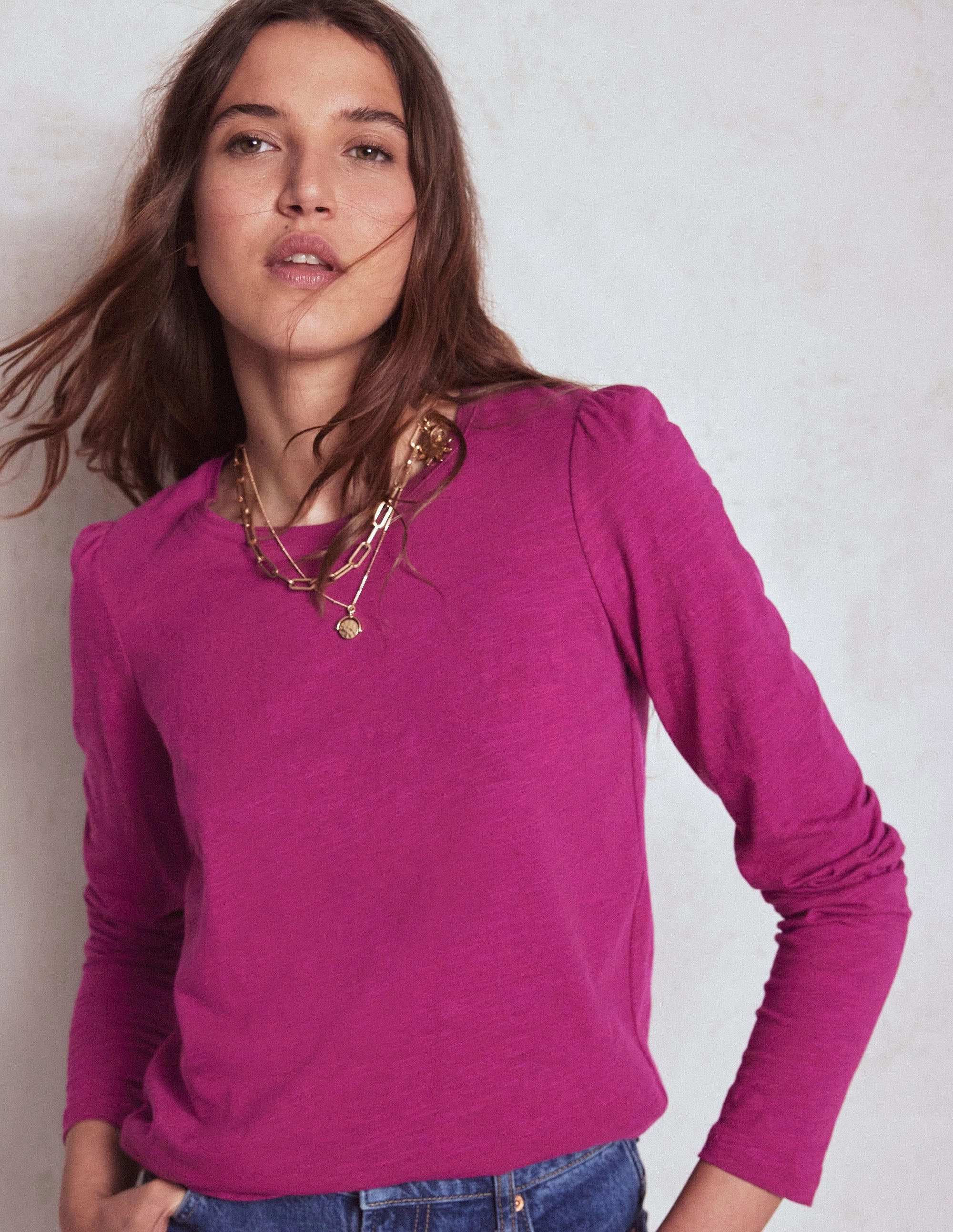 Cotton Crew Long Sleeve Top-Rich Magenta LayeredPanelDesign Unlined Design