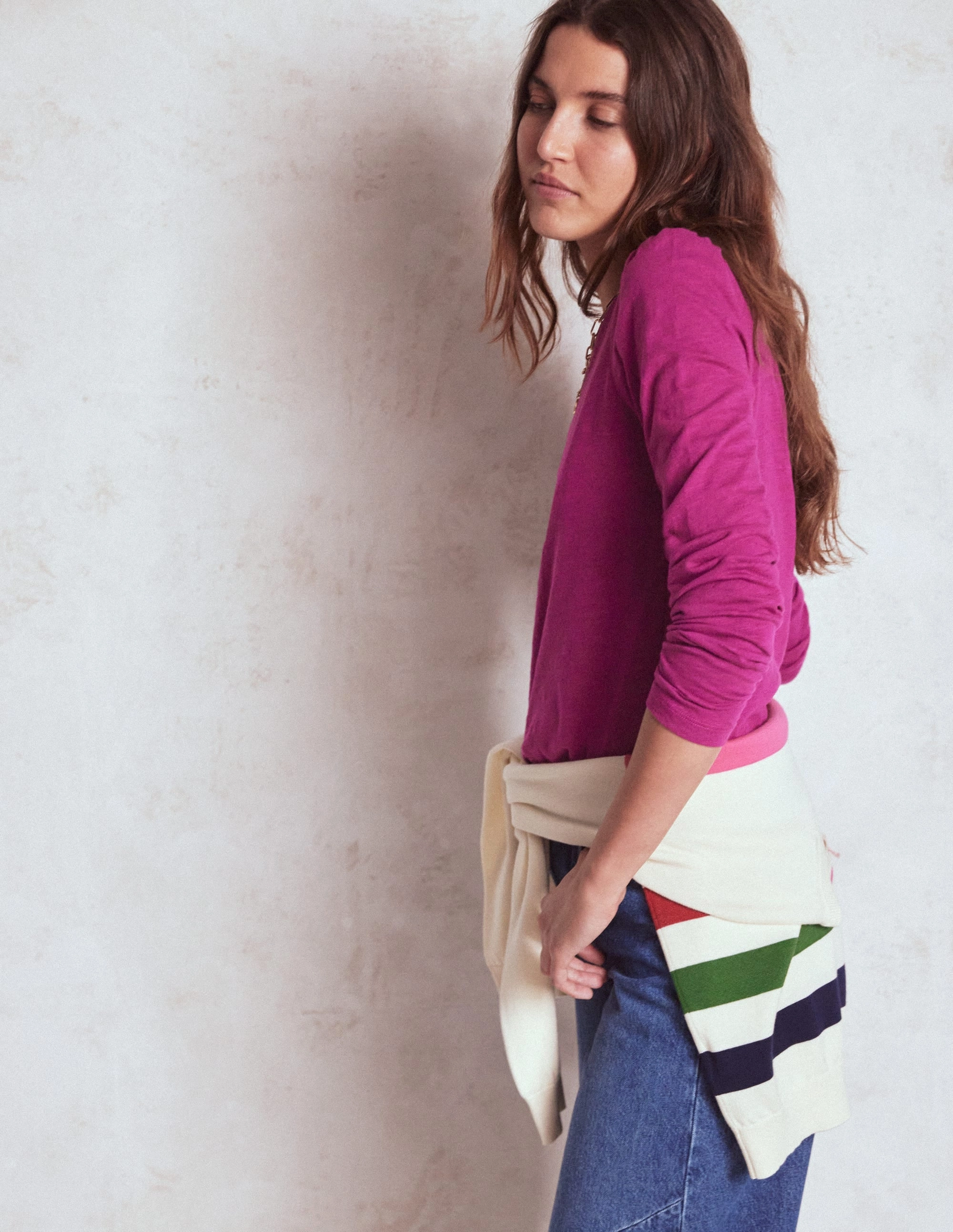 OdorResistantTreatment Cotton Crew Long Sleeve Top-Rich Magenta LayeredPanelDesign