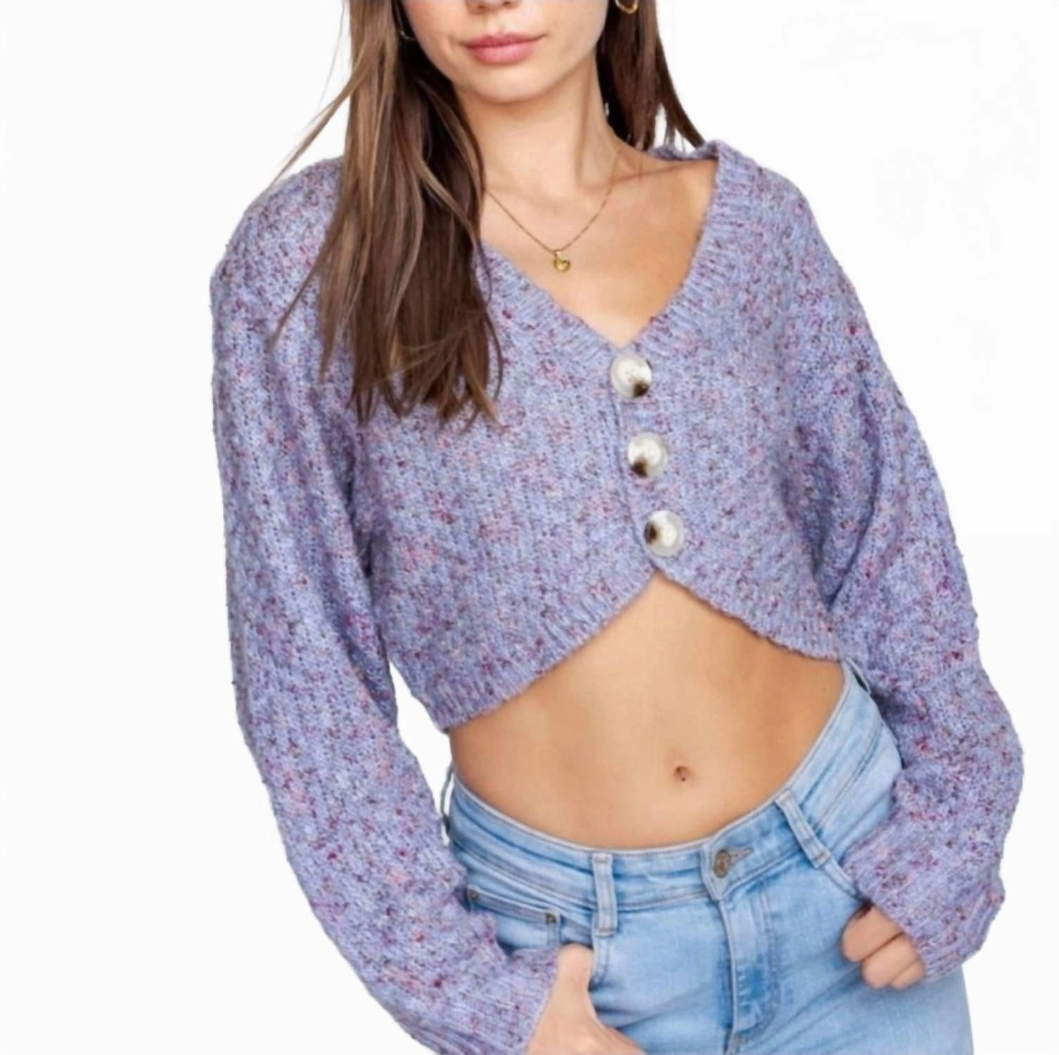 Cotton Dusk Cropped Cardigan In Purple Textured Weave