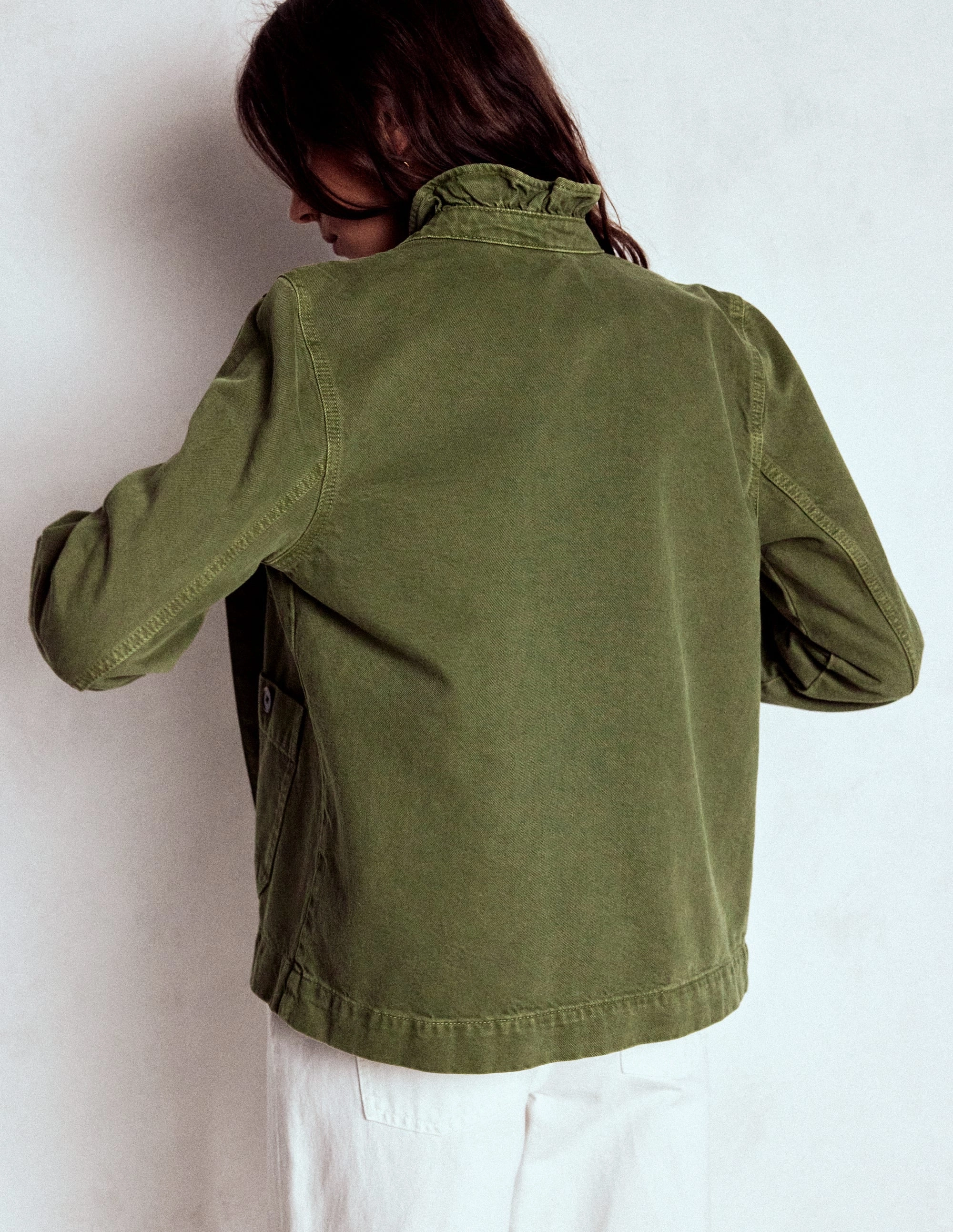 Cotton Frill Collar Jacket-Woodland Green Noise Reduction Design Single Buttons