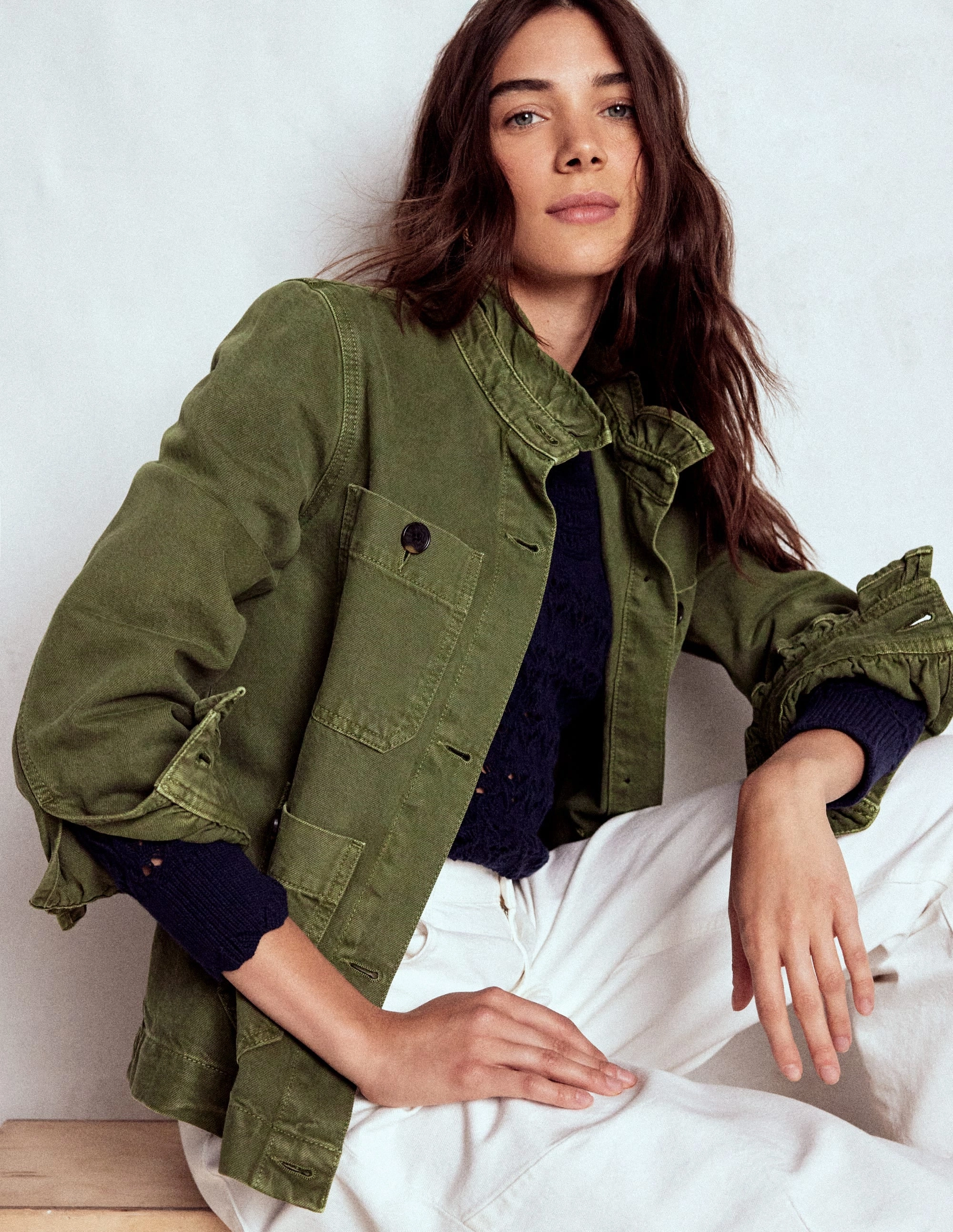Urban Explorer Look Cotton Frill Collar Jacket-Woodland Green