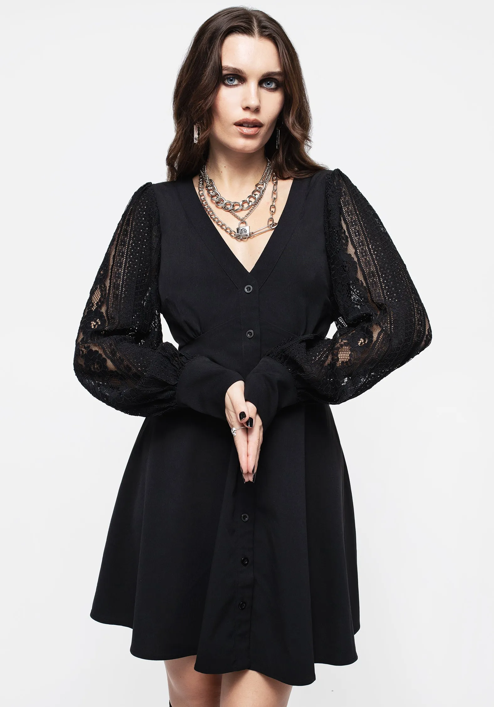 Covenant Lace Sleeve Button Up Mini Dress spring outfit