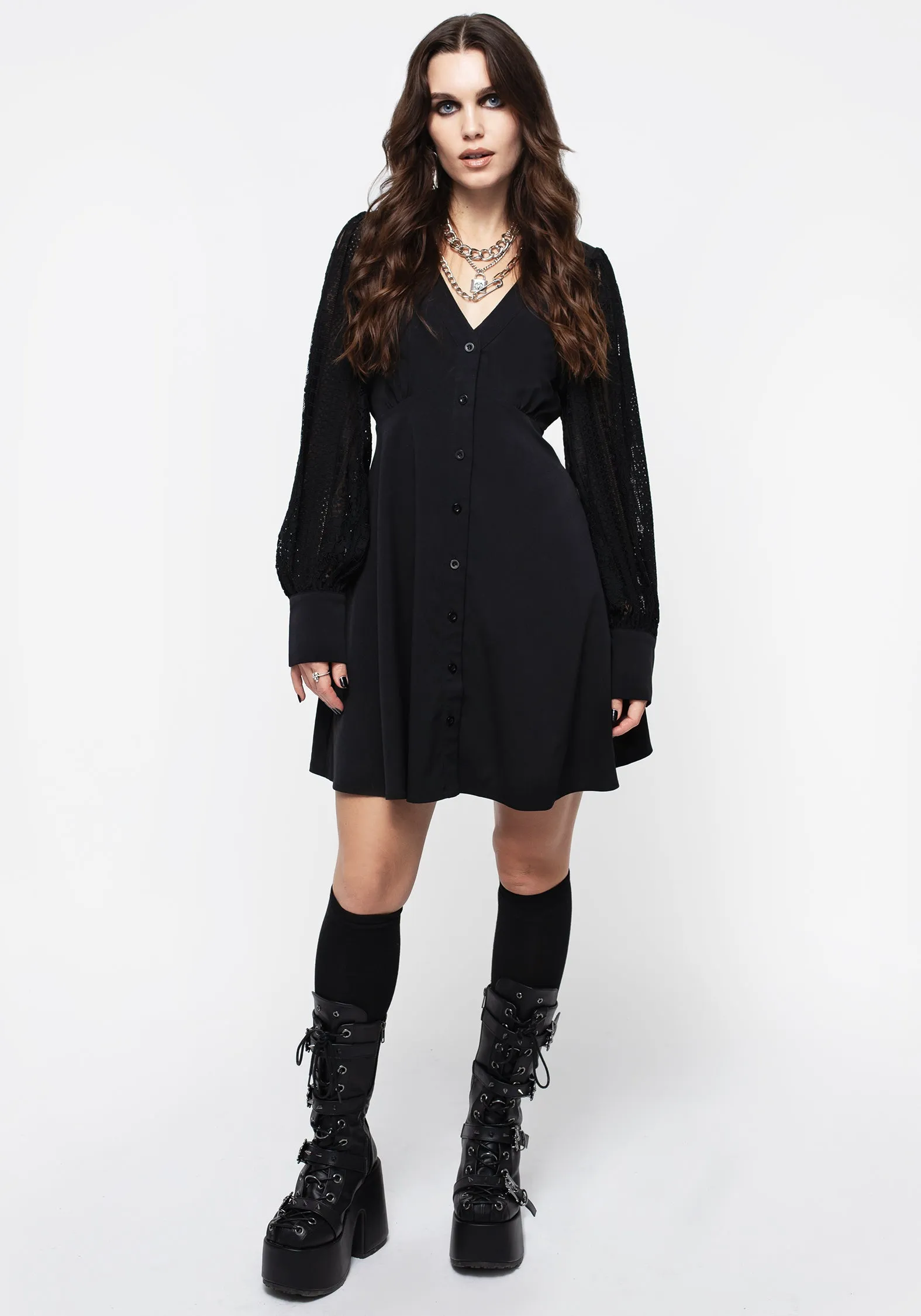 Soft cotton dress Covenant Lace Sleeve Button Up Mini Dress