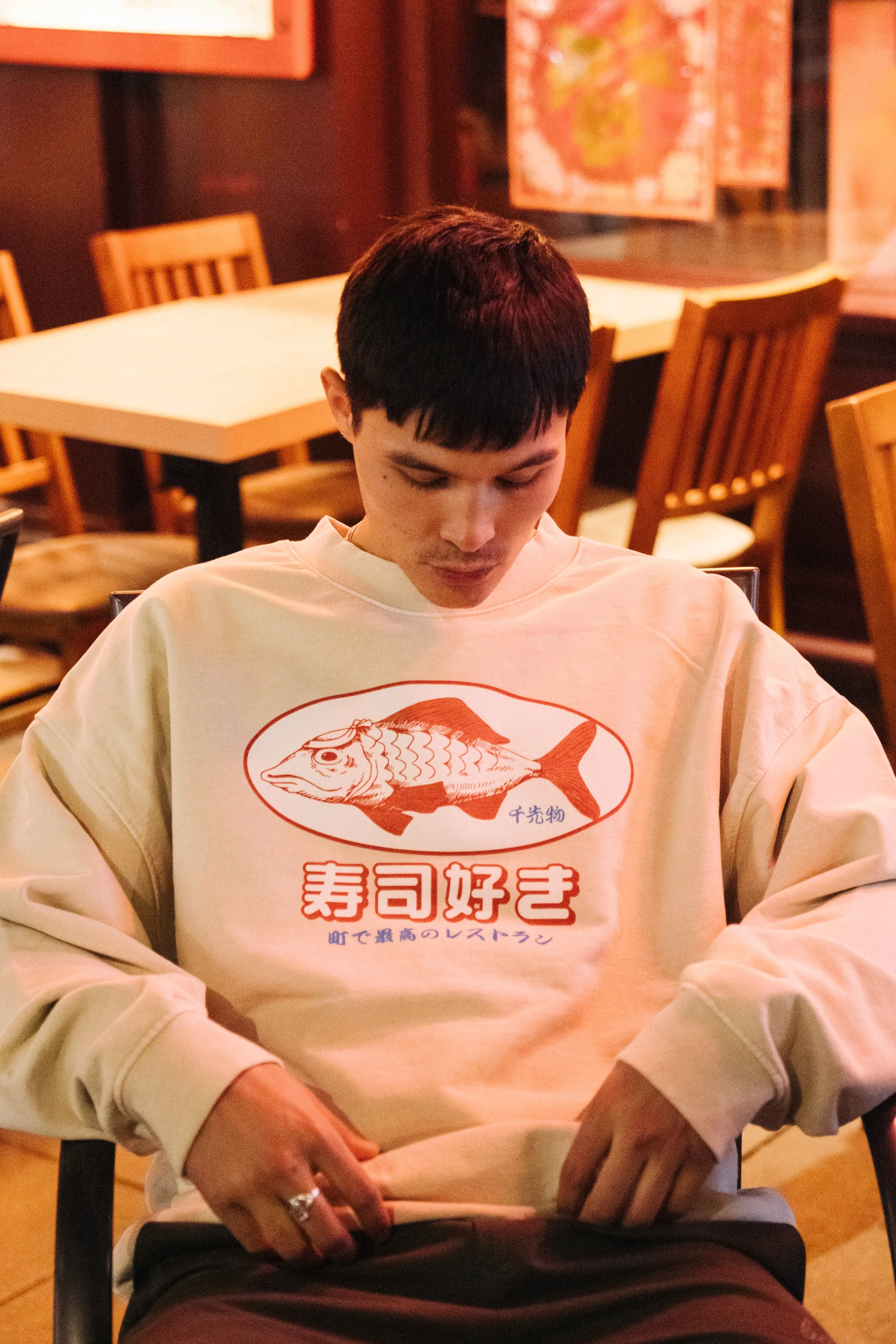Chilly Ready Cozy Fit Wear A Thousand Futures 'Sushi Lover' Vintage Washed Sweater - Sand