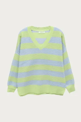 Oversized Ottoman Rugby Striped Sweater In Green/lavender Snug Knit