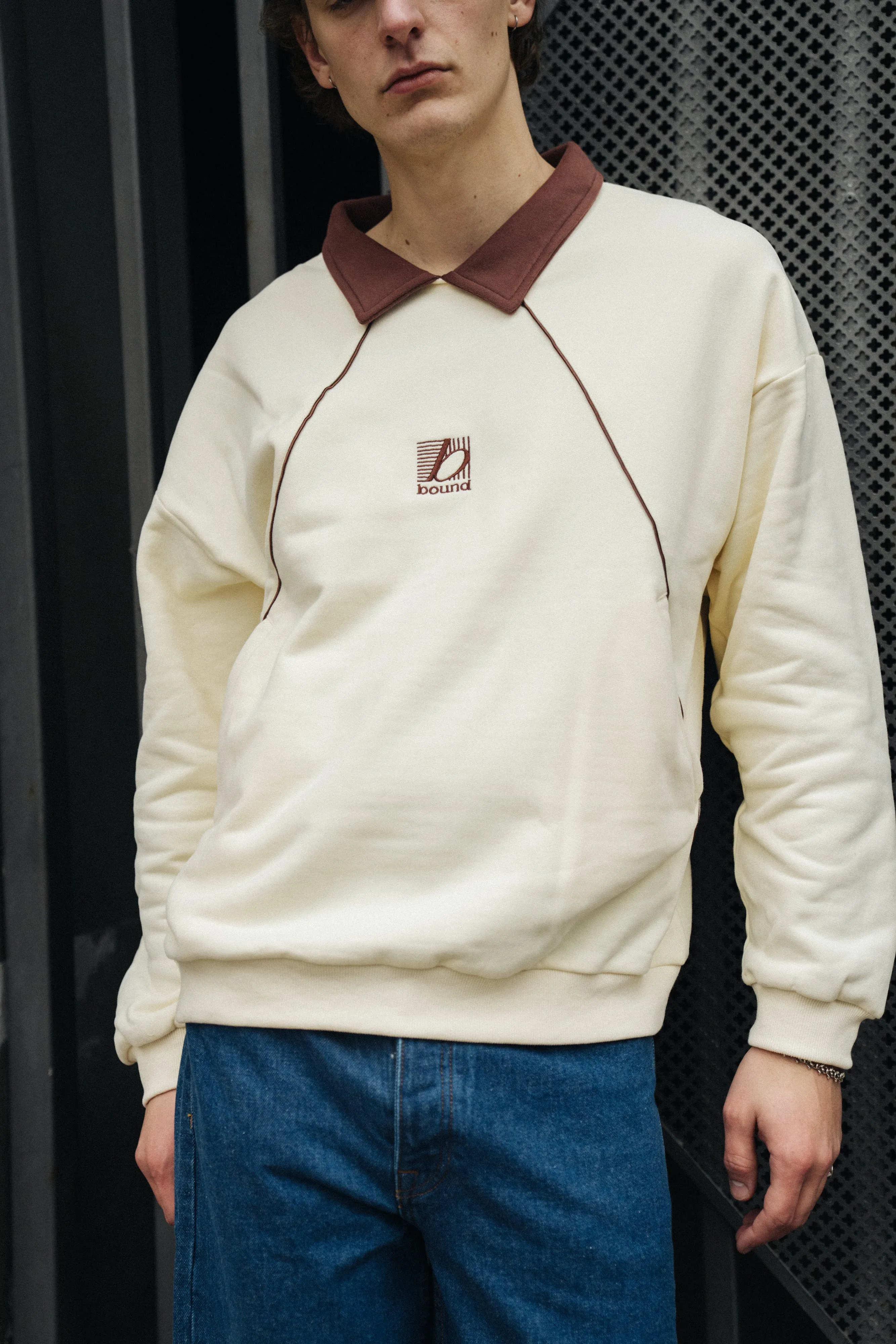 bound Retro Sports Grid Sweater - Cream/Brown Knit Design Everyday Chic