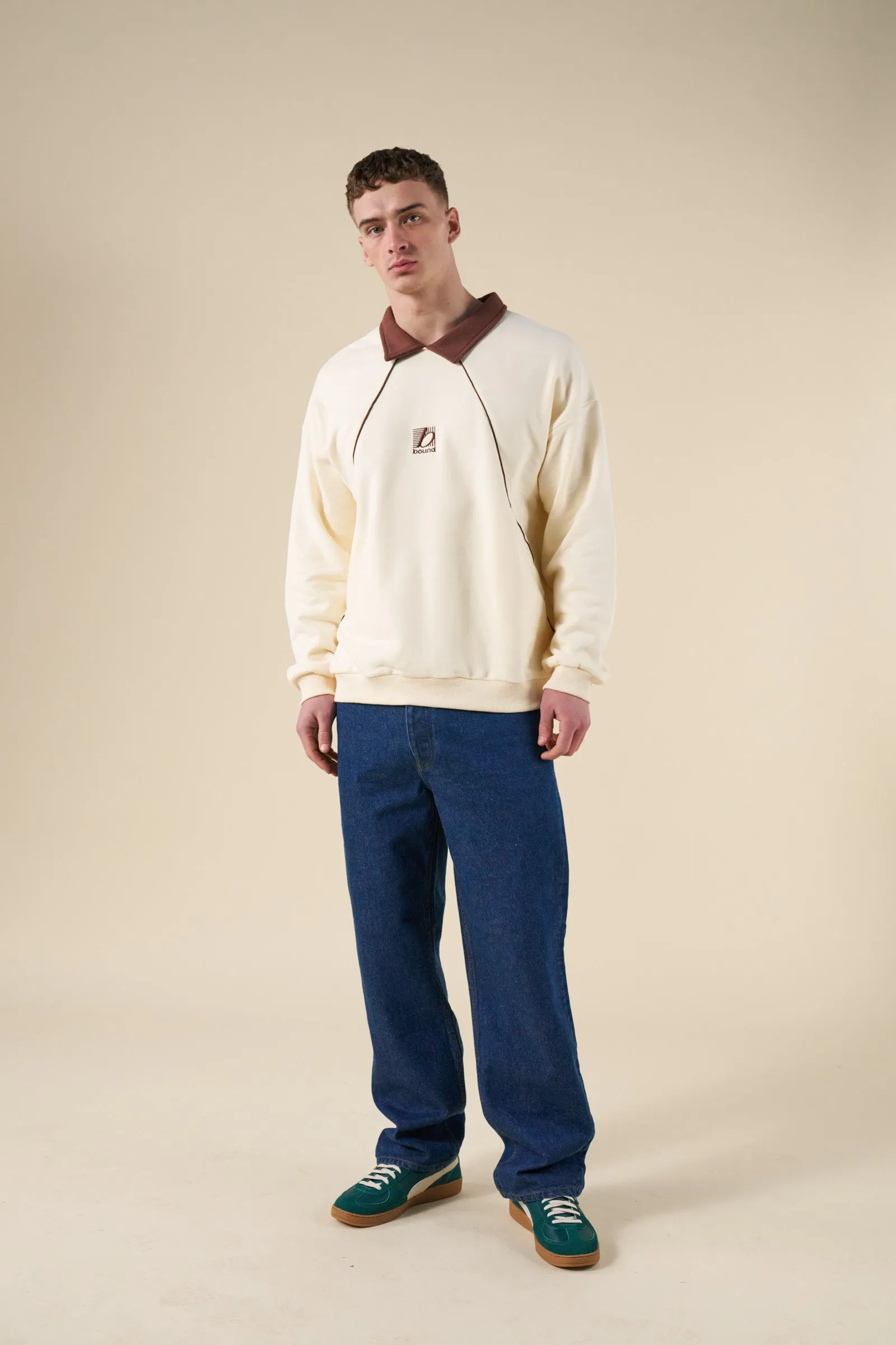 Cozy Midweight Fabric Trendy Knitwear bound Retro Sports Grid Sweater - Cream/Brown