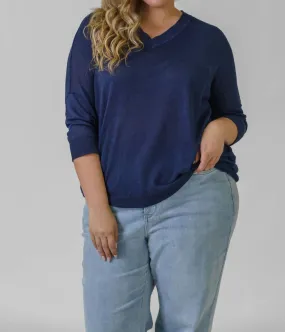 Simple Knit V-Neck Sweater Top In Navy