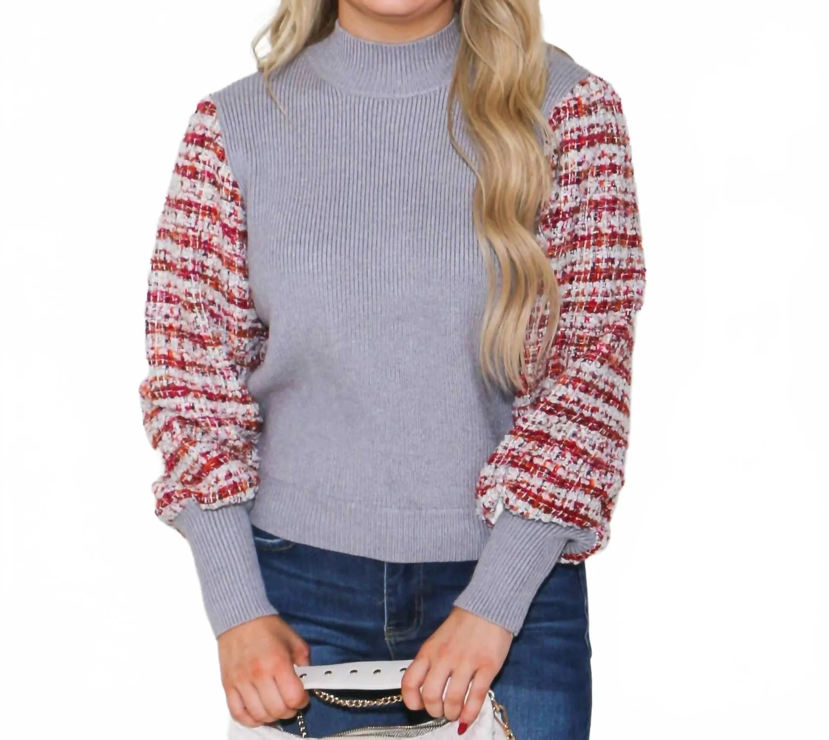 Mixed Media Knit Sweater In Gray Luxury Fiber Blend Knit Fashion