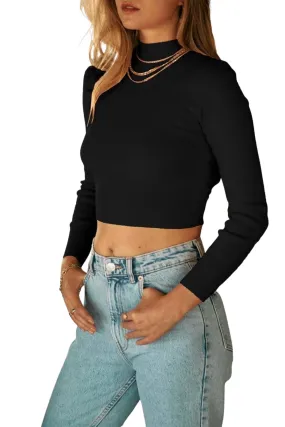 Perfect Layer Recycled Material Blend Cropped Open-Back Mock Neck Sweater In Black